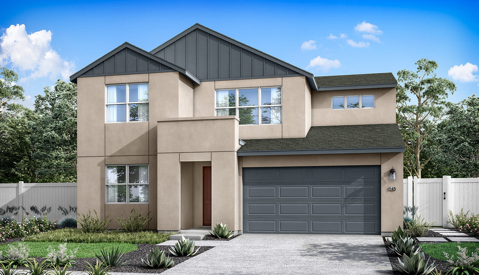 A modern two-story house with a gray exterior, a garage door, and a well-landscaped front yard surrounded by trees and shrubs.