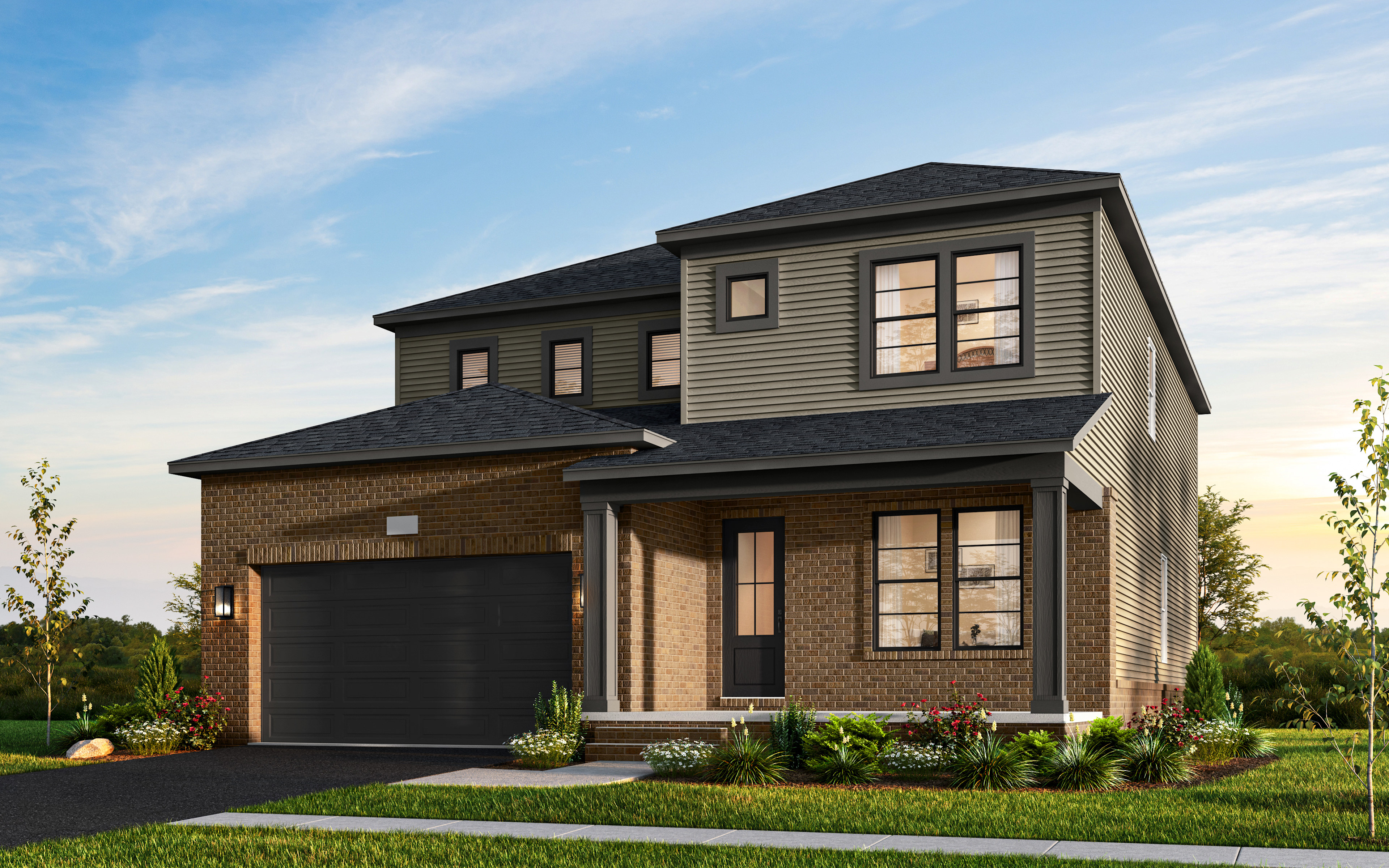 A two-story residential house with a garage, surrounded by a well-manicured lawn and landscaping, set against a backdrop of a clear blue sky with wispy clouds.