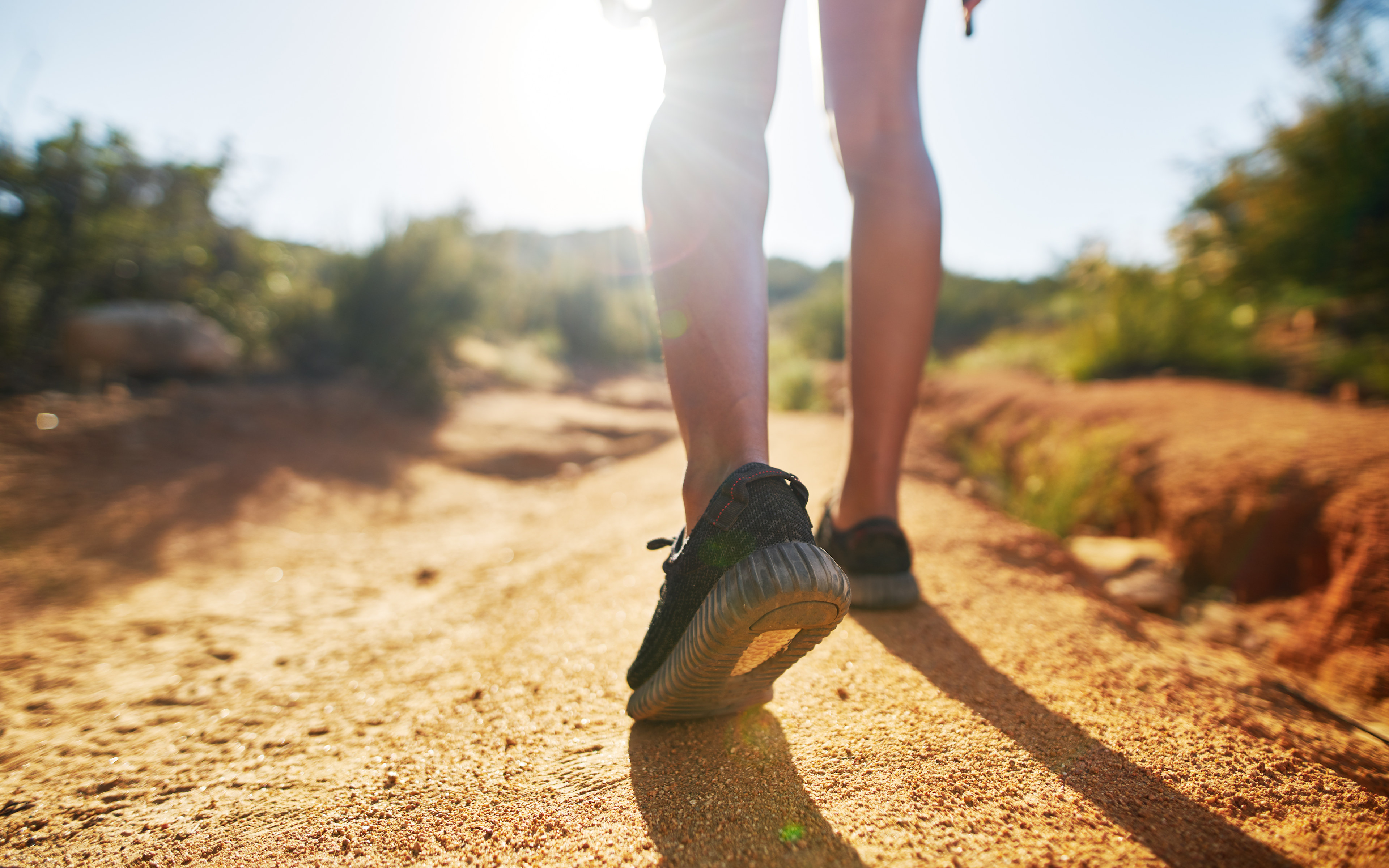 A person's legs and feet are walking on a dirt path surrounded by lush vegetation and a bright, sunny sky.