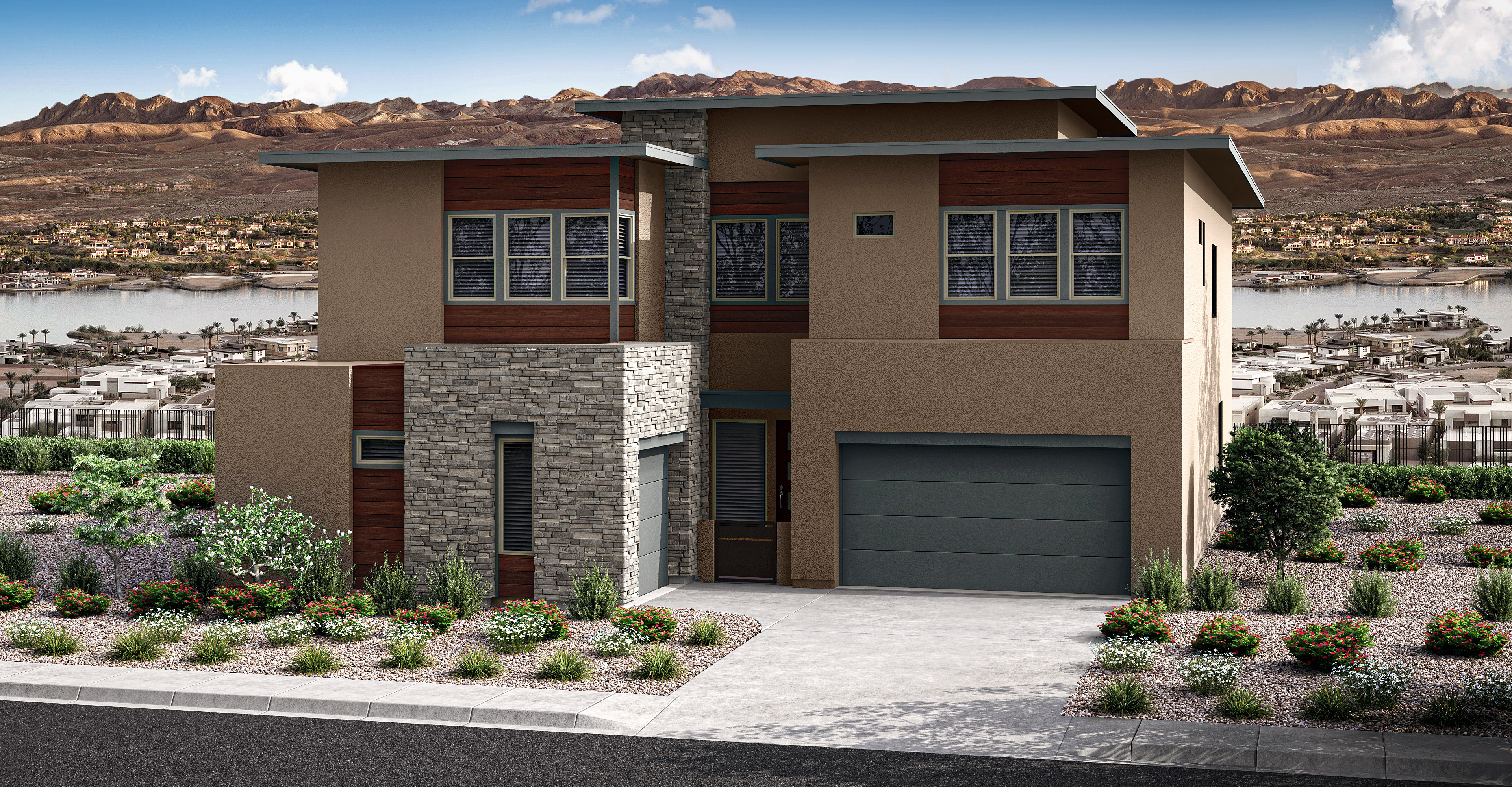 A modern, two-story residential building with a garage door and large windows, set against a backdrop of rugged mountains and a cityscape in the distance.