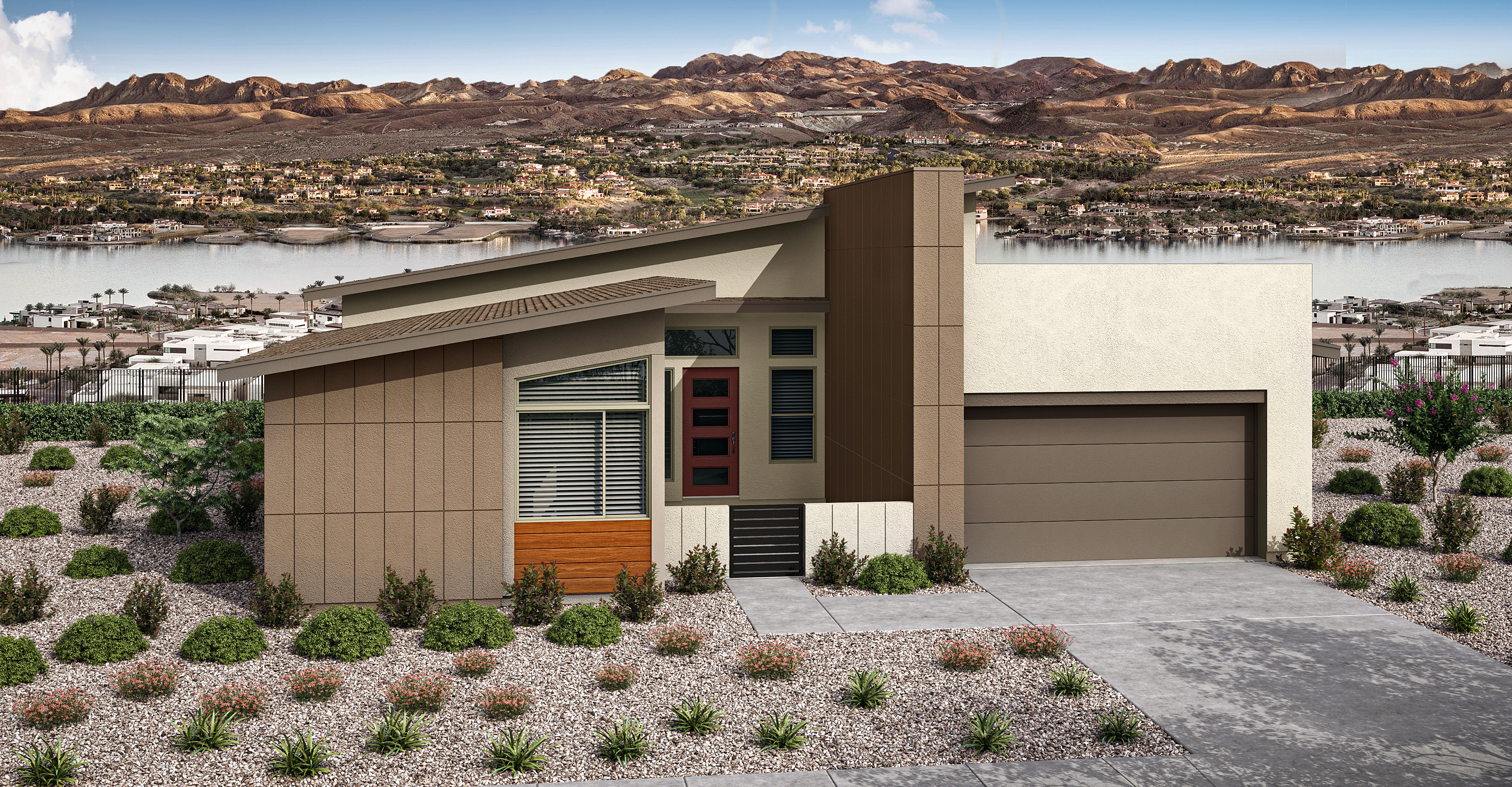 A modern, minimalist house with a garage door and landscaped yard sits against the backdrop of a rugged, mountainous landscape.