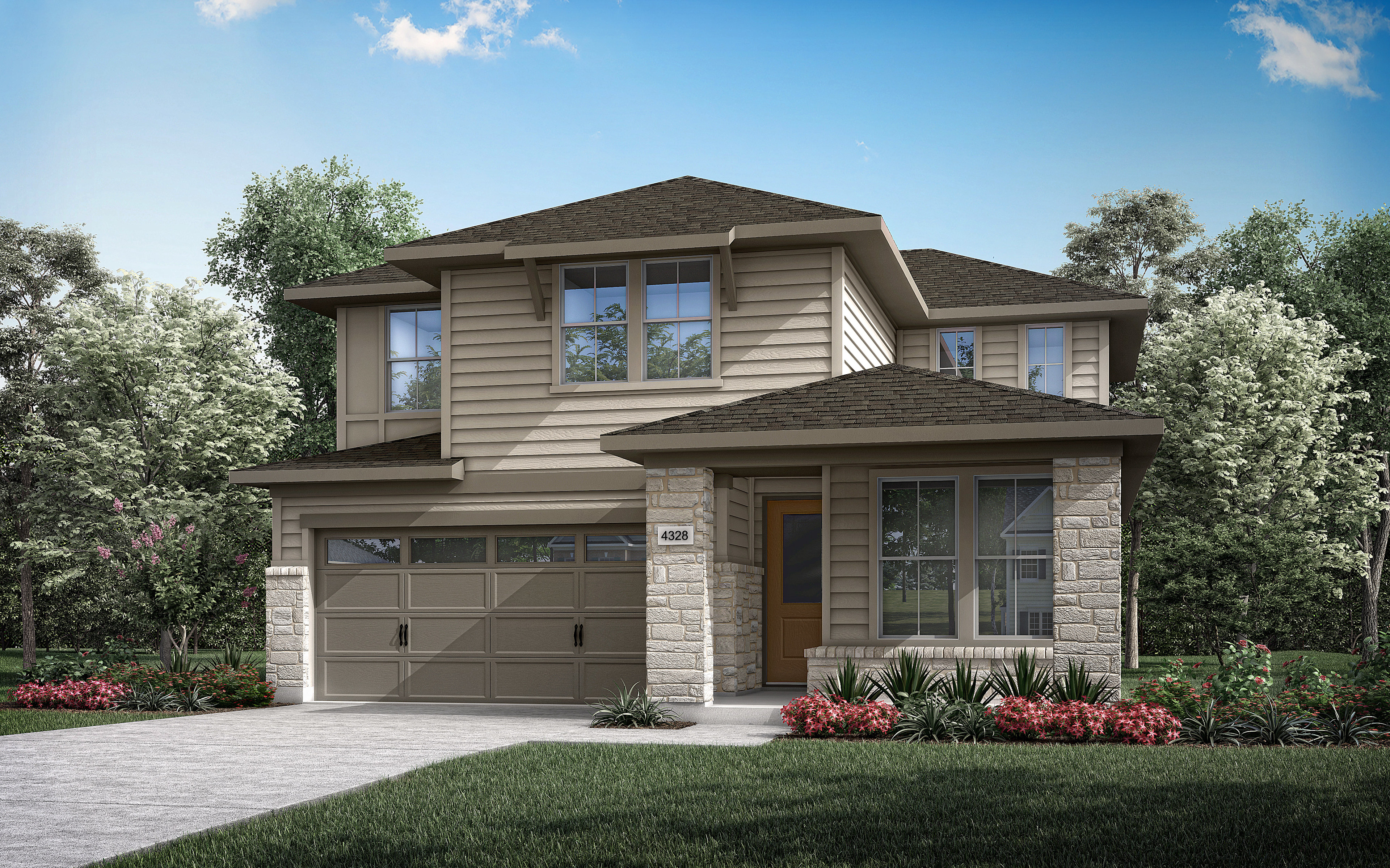 A two-story residential house with a garage, surrounded by lush greenery and a well-manicured lawn in the foreground.
