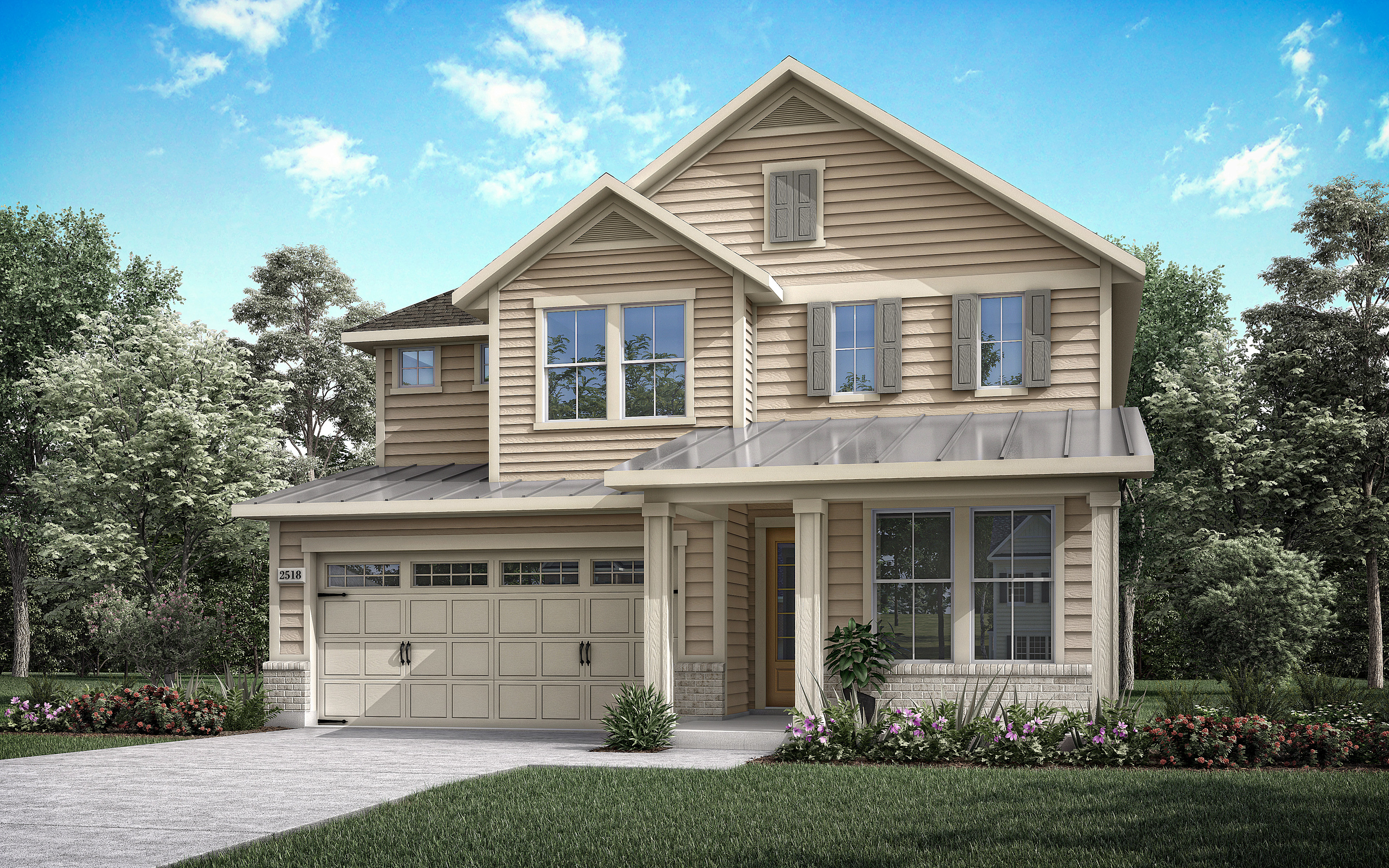 A two-story beige house with a gabled roof, surrounded by lush greenery and a clear blue sky with fluffy clouds.