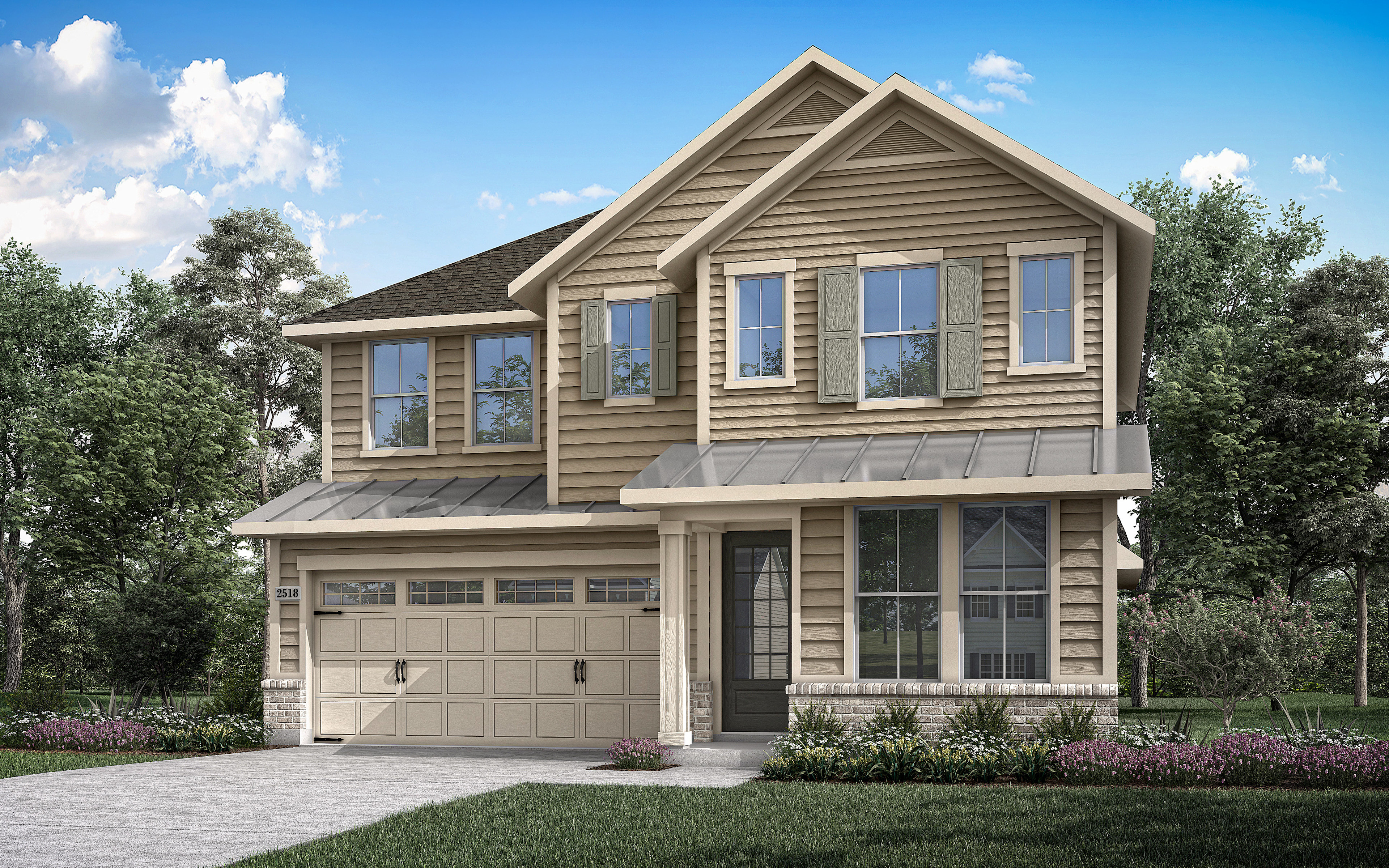 A two-story house with a garage, surrounded by trees and landscaping, set against a blue sky with fluffy white clouds.