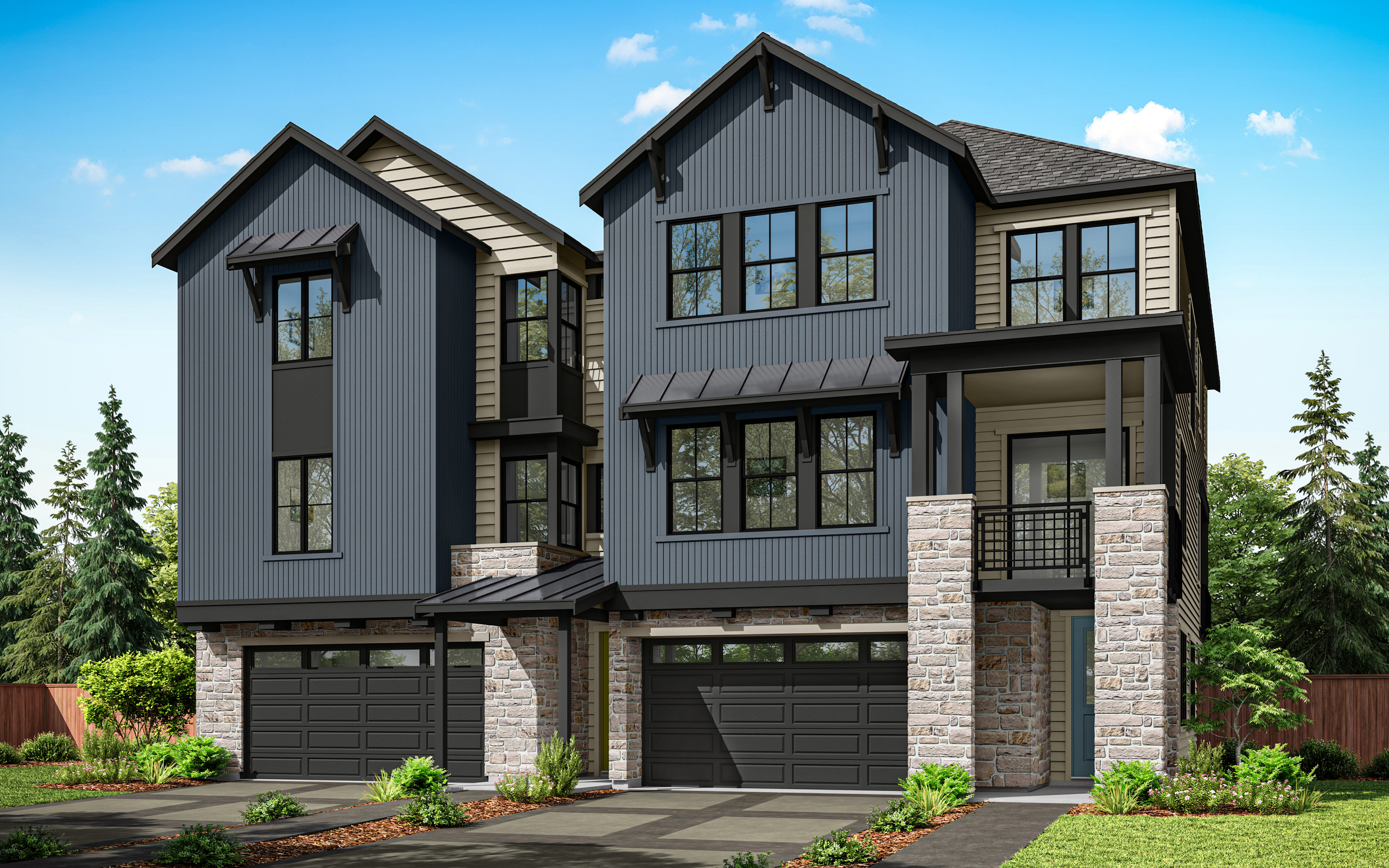 The image depicts a modern, multi-story residential building with a dark gray exterior, large windows, and a garage. The building is surrounded by lush greenery, including trees and landscaping, creating a pleasant outdoor environment.