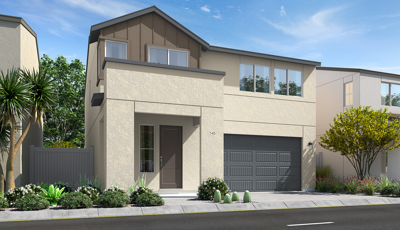 A modern two-story house with a garage, surrounded by lush greenery and a paved driveway in the foreground.