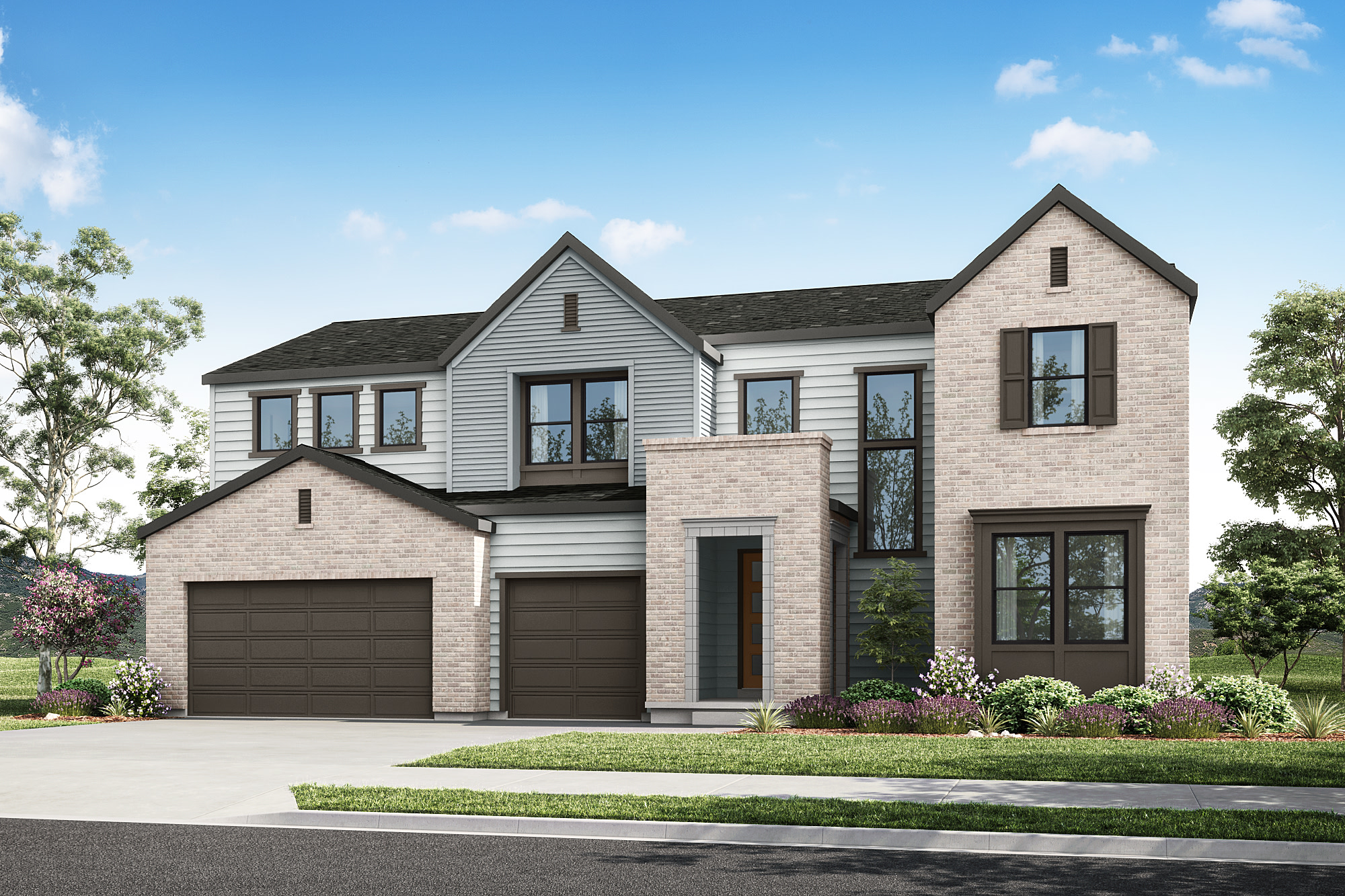 A two-story residential house with a garage, surrounded by lush greenery and a paved driveway in the foreground.