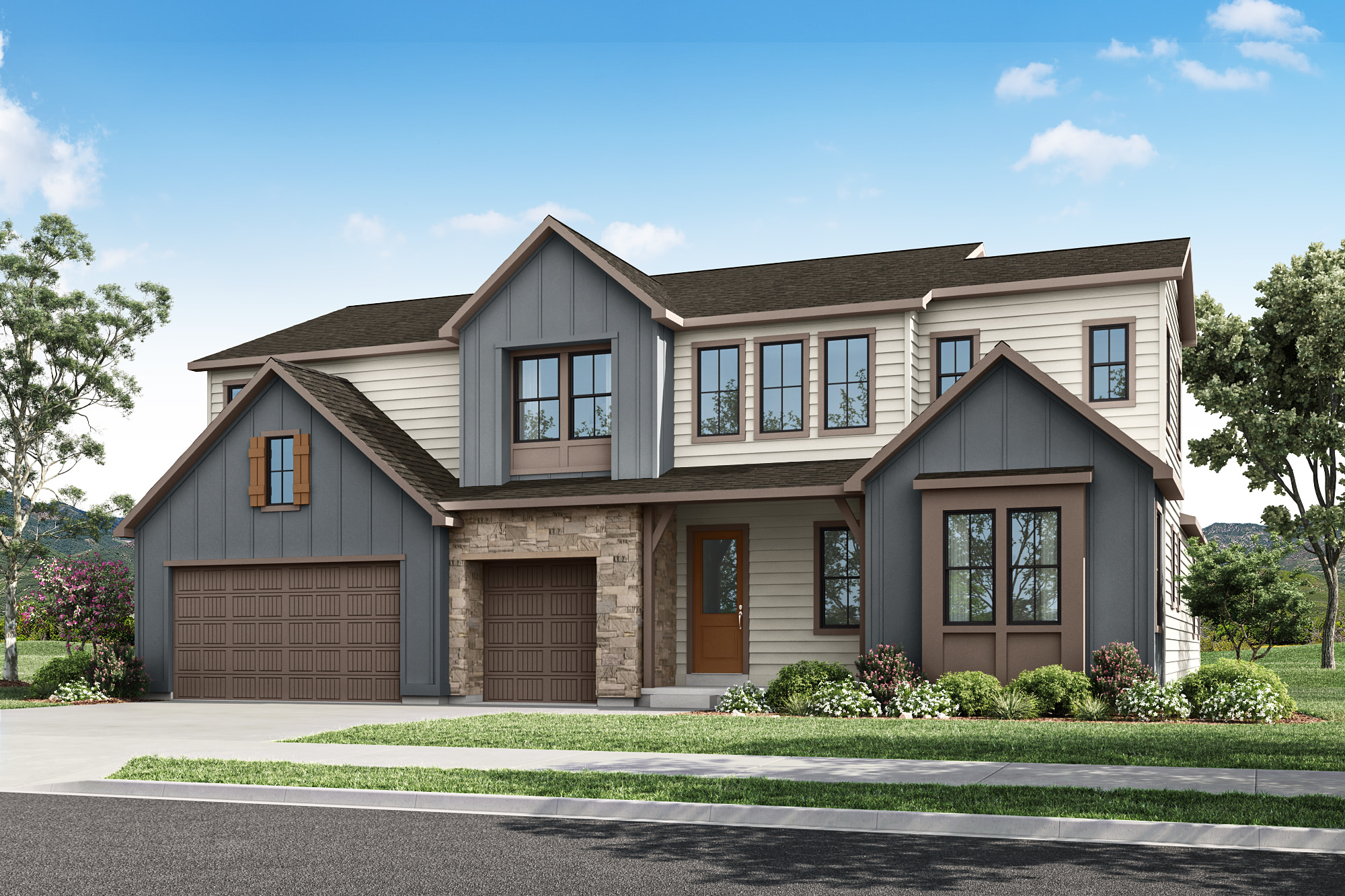 A two-story residential house with a garage, surrounded by a well-manicured lawn and trees, set against a clear blue sky with scattered clouds.