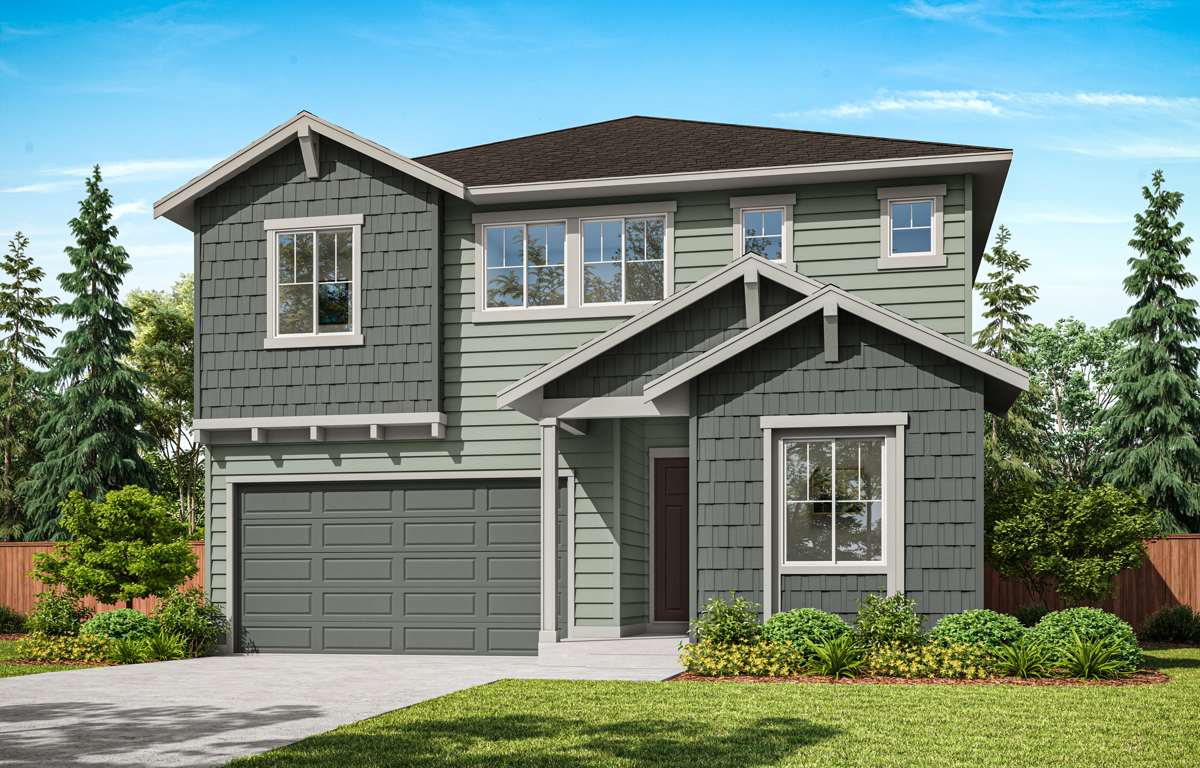 A two-story gray house with a garage, surrounded by lush greenery and a clear blue sky in the background.