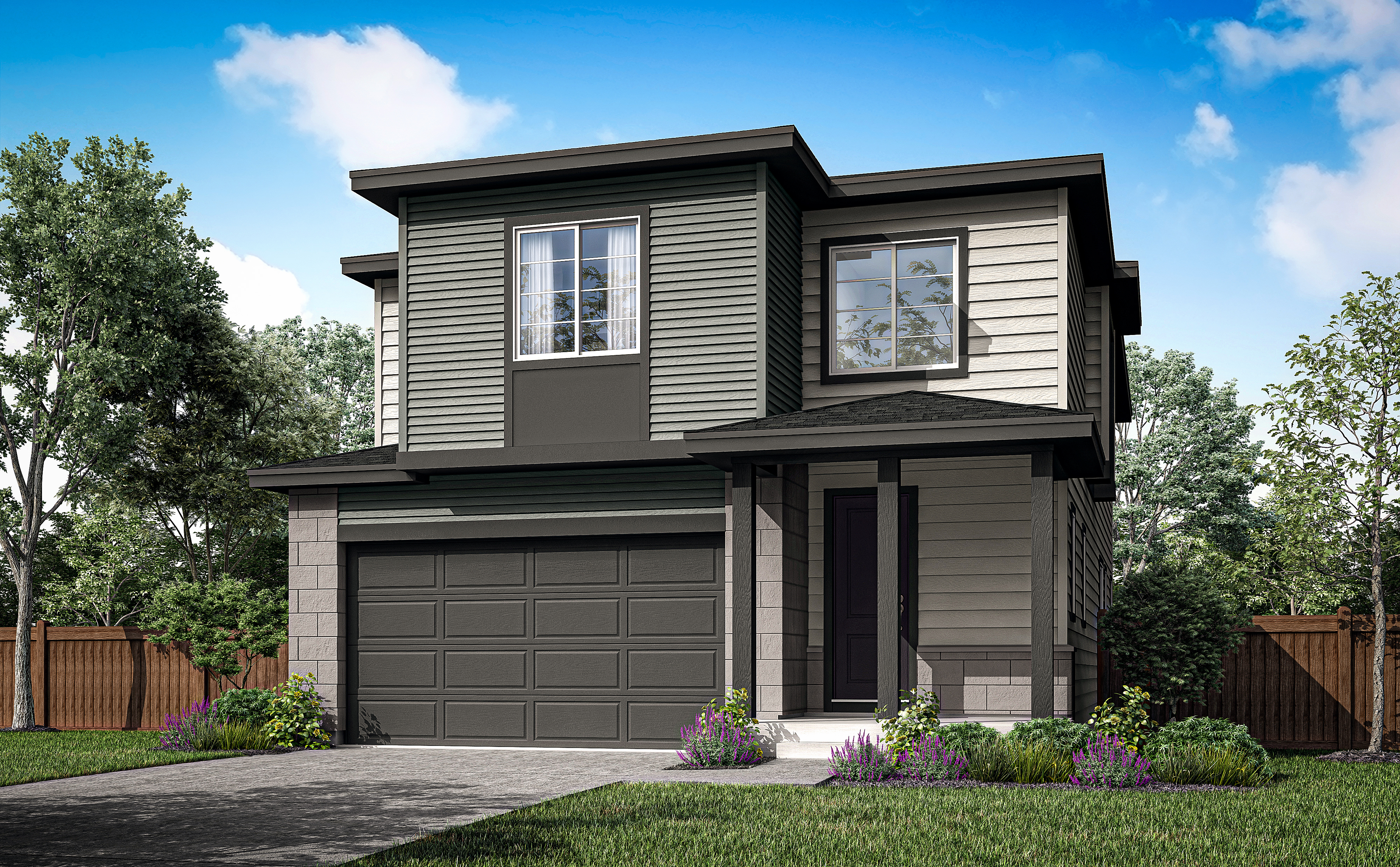 A modern two-story house with a garage, surrounded by lush greenery and a clear blue sky in the background.
