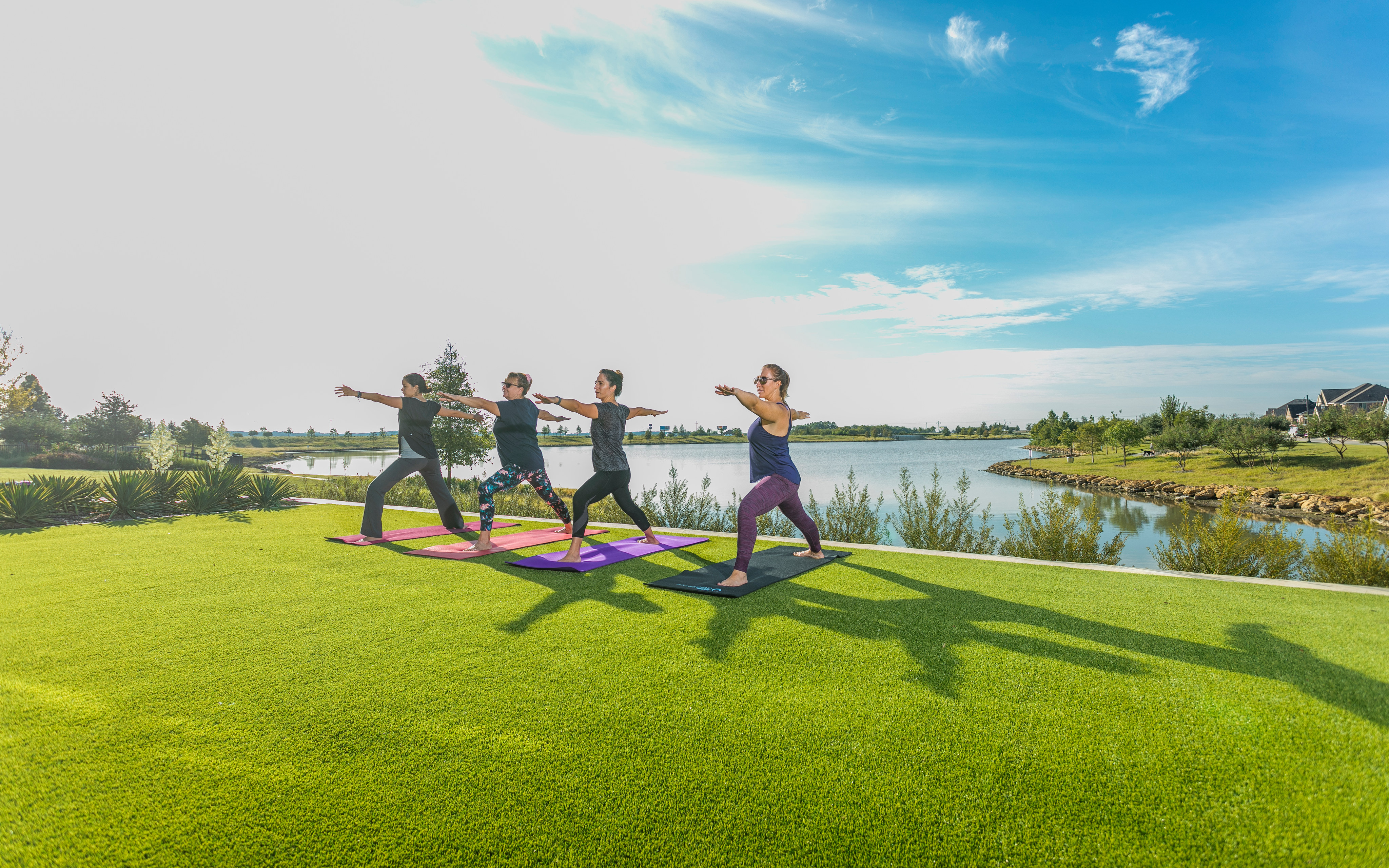 A group of people practicing yoga on a lush green lawn overlooking a serene lake surrounded by trees under a bright blue sky with fluffy clouds.