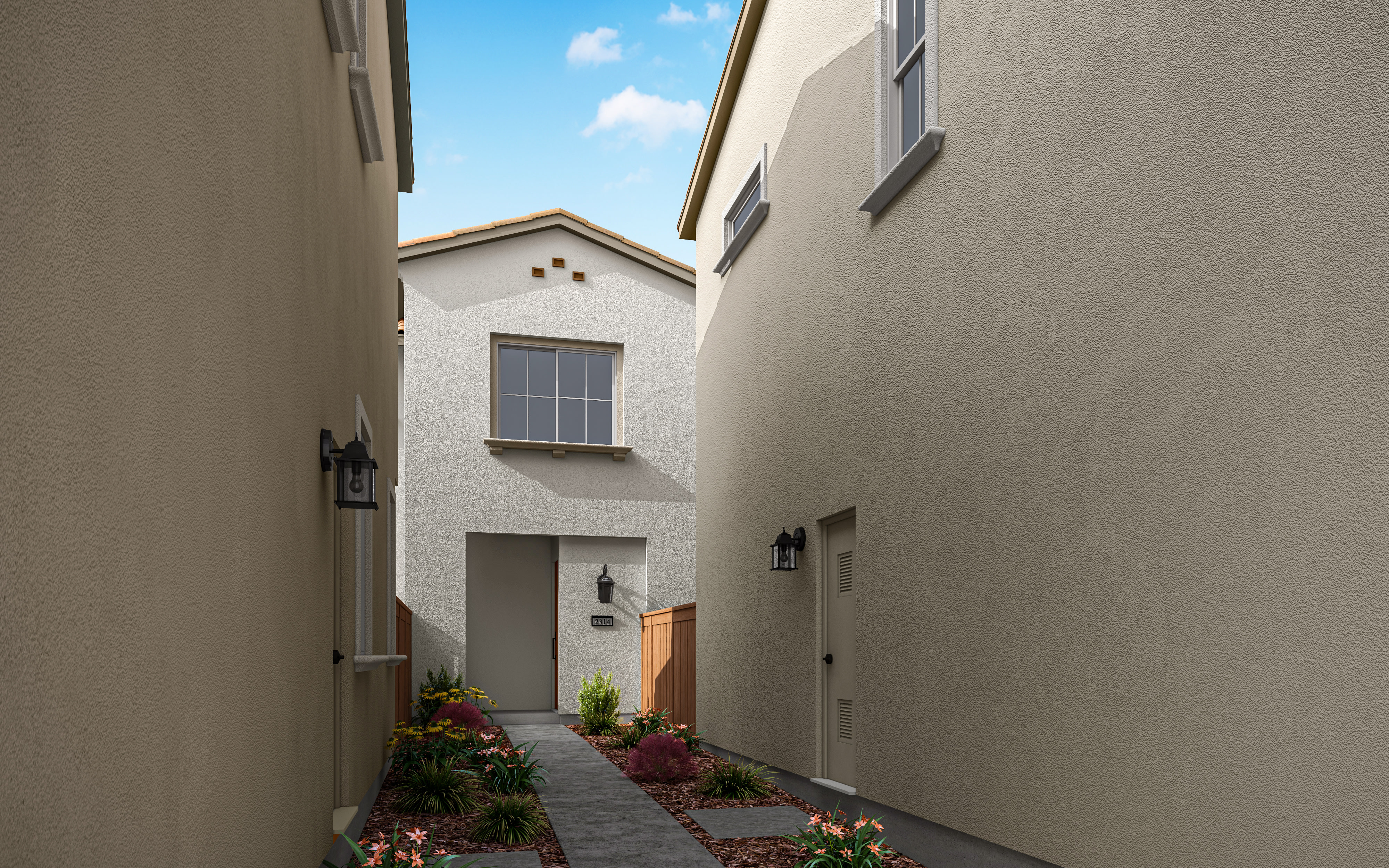 A narrow alleyway with a paved walkway, surrounded by beige-colored buildings with windows and a blue sky with clouds in the background.