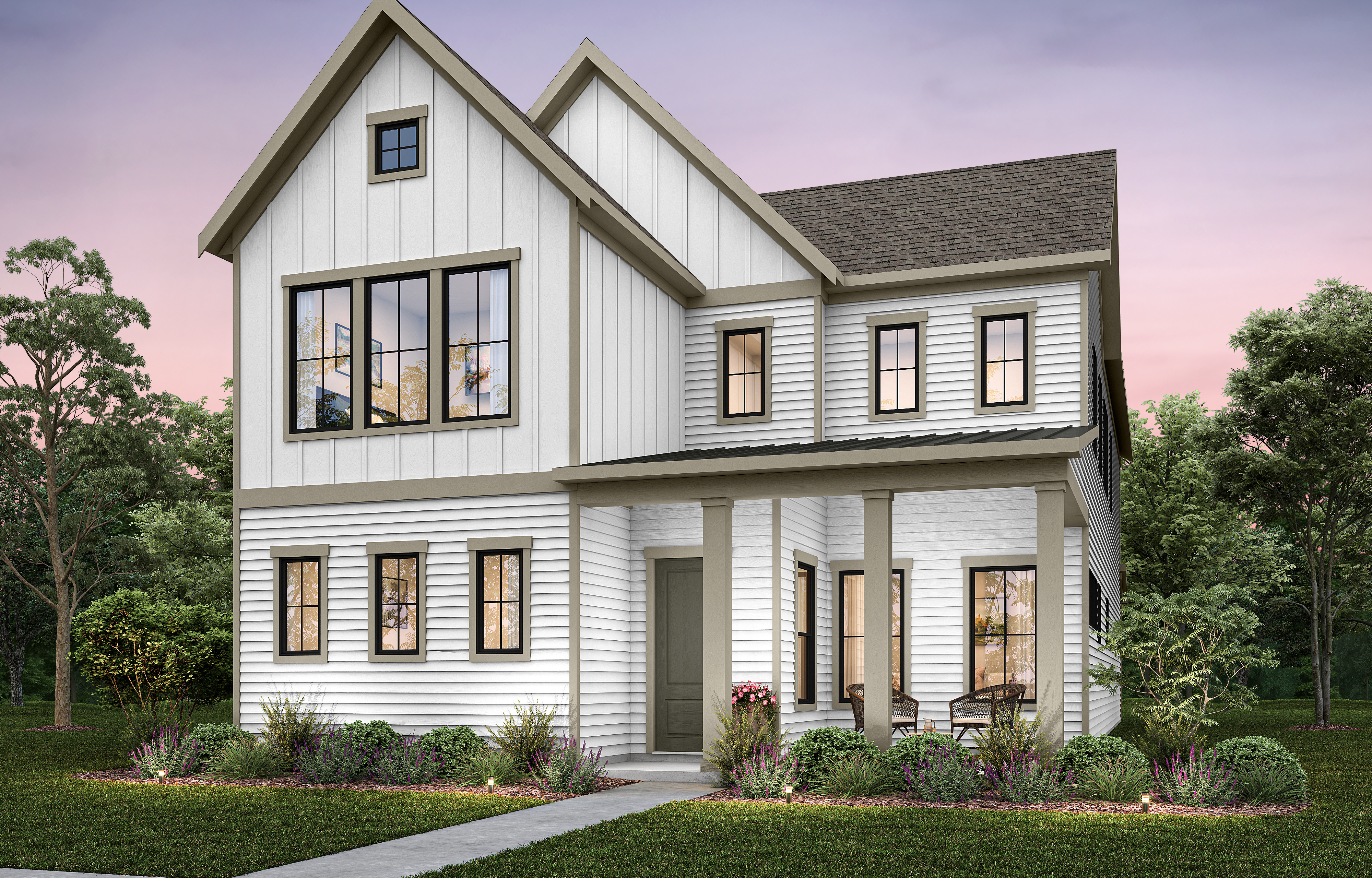 A modern white farmhouse with a covered porch and seating sits amidst lush greenery and trees under a twilight sky.