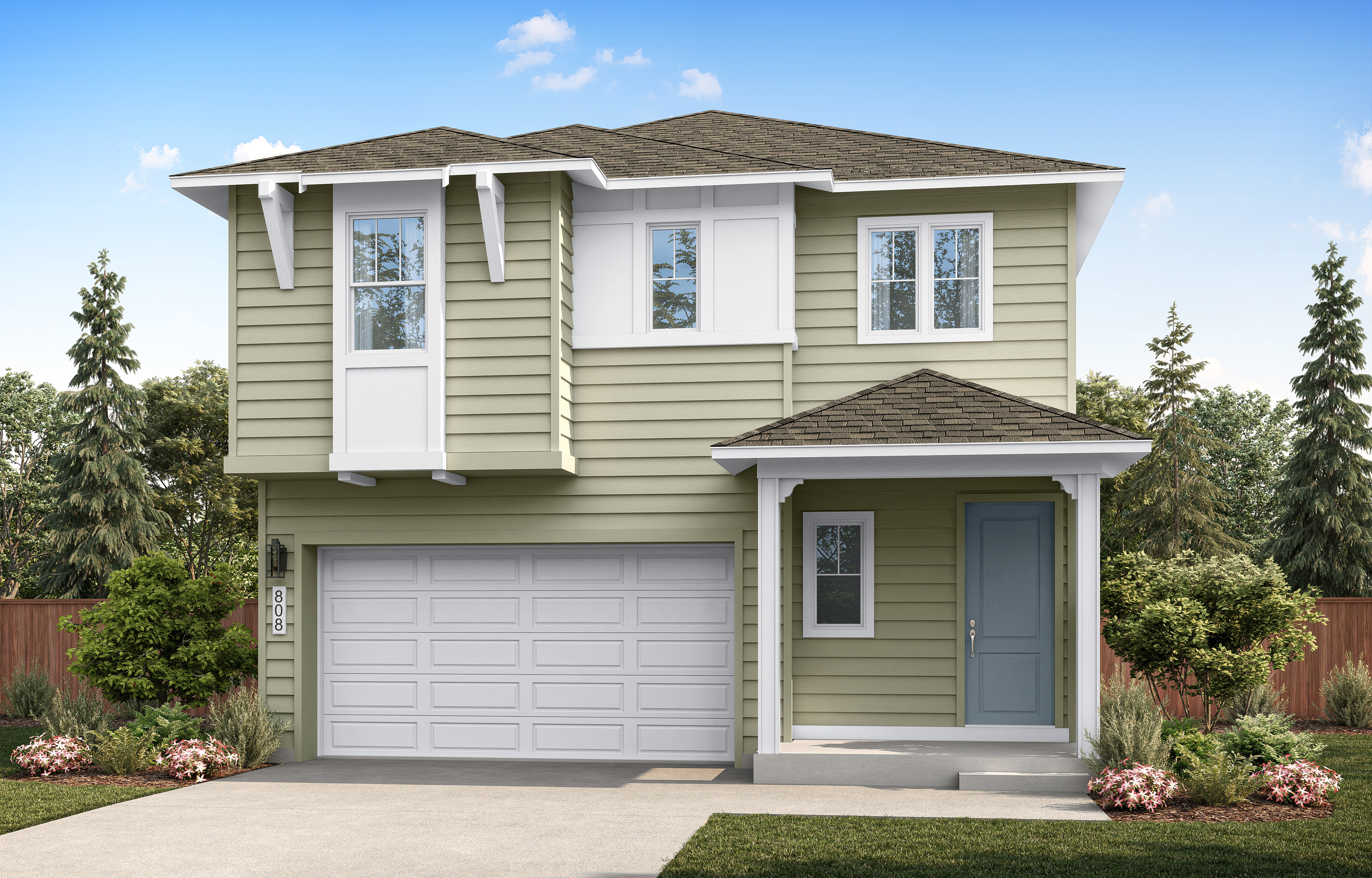 A light green two-story house with a white garage door and a blue front door stands on a paved driveway, surrounded by lush green trees and a wooden fence under a bright blue sky.