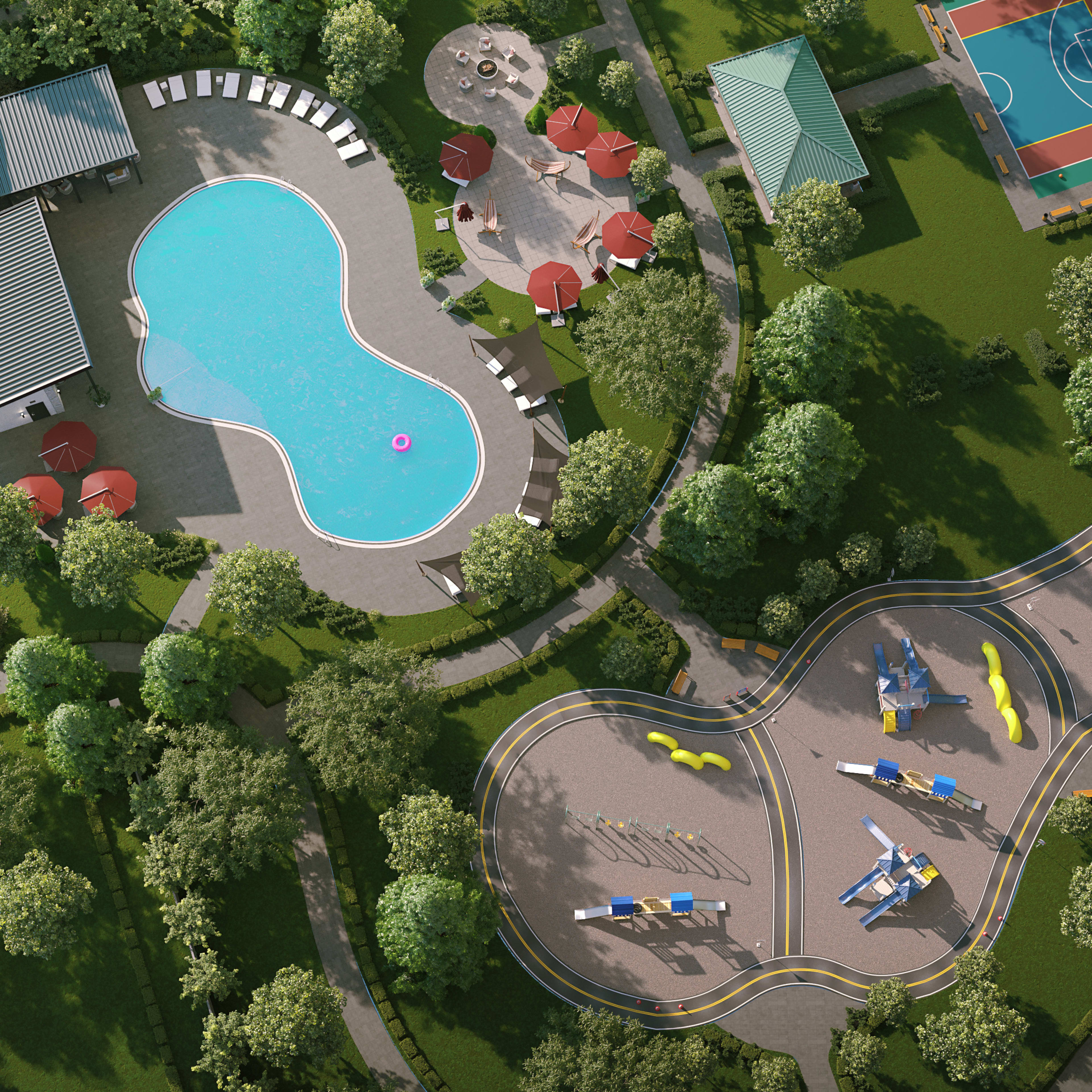 An aerial view of a resort-like setting with a large swimming pool surrounded by lush greenery, including a tennis court and other recreational facilities.