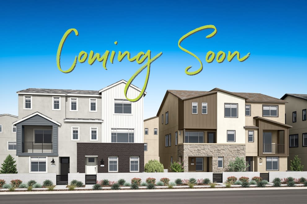 The image depicts a row of modern townhouses with the text "Coming Soon" prominently displayed in the foreground against a clear blue sky.