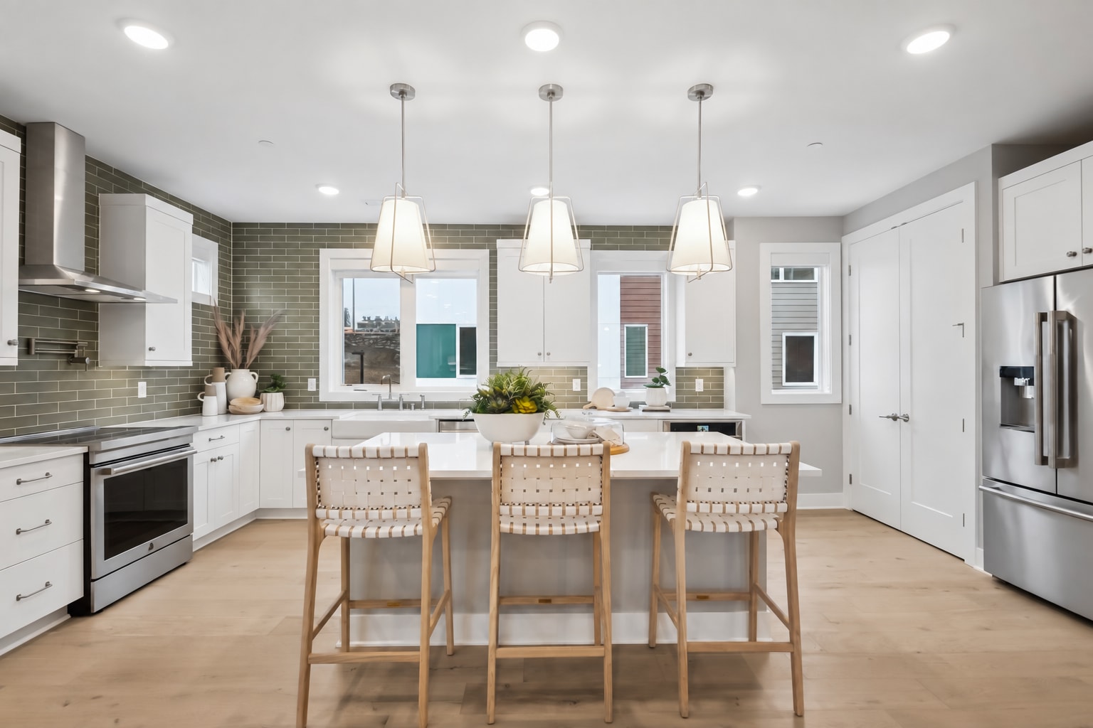 A modern, well-lit kitchen with white cabinets, a subway tile backsplash, and a wooden dining table with three chairs in the foreground.