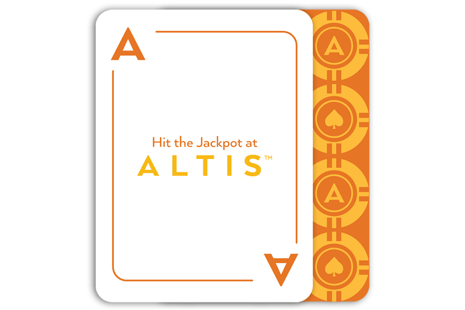 A white ace of spades playing card with the text "Hit the Jackpot at ALTIS" sits in the foreground against an orange background featuring a vertical row of casino chips.