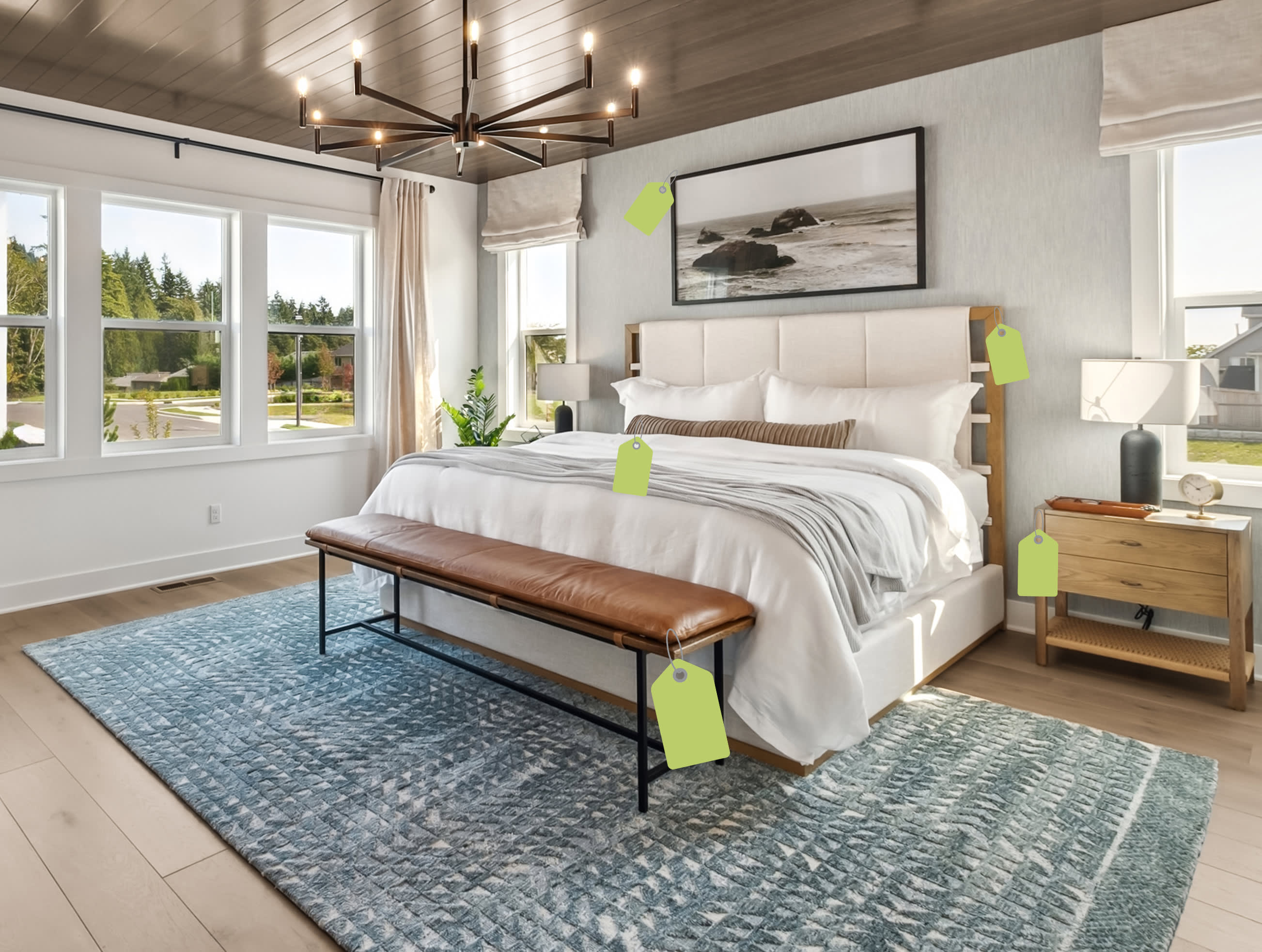 A white bed with a brown leather bench sits on a blue patterned rug in a bright bedroom with a wood-paneled ceiling and large windows.