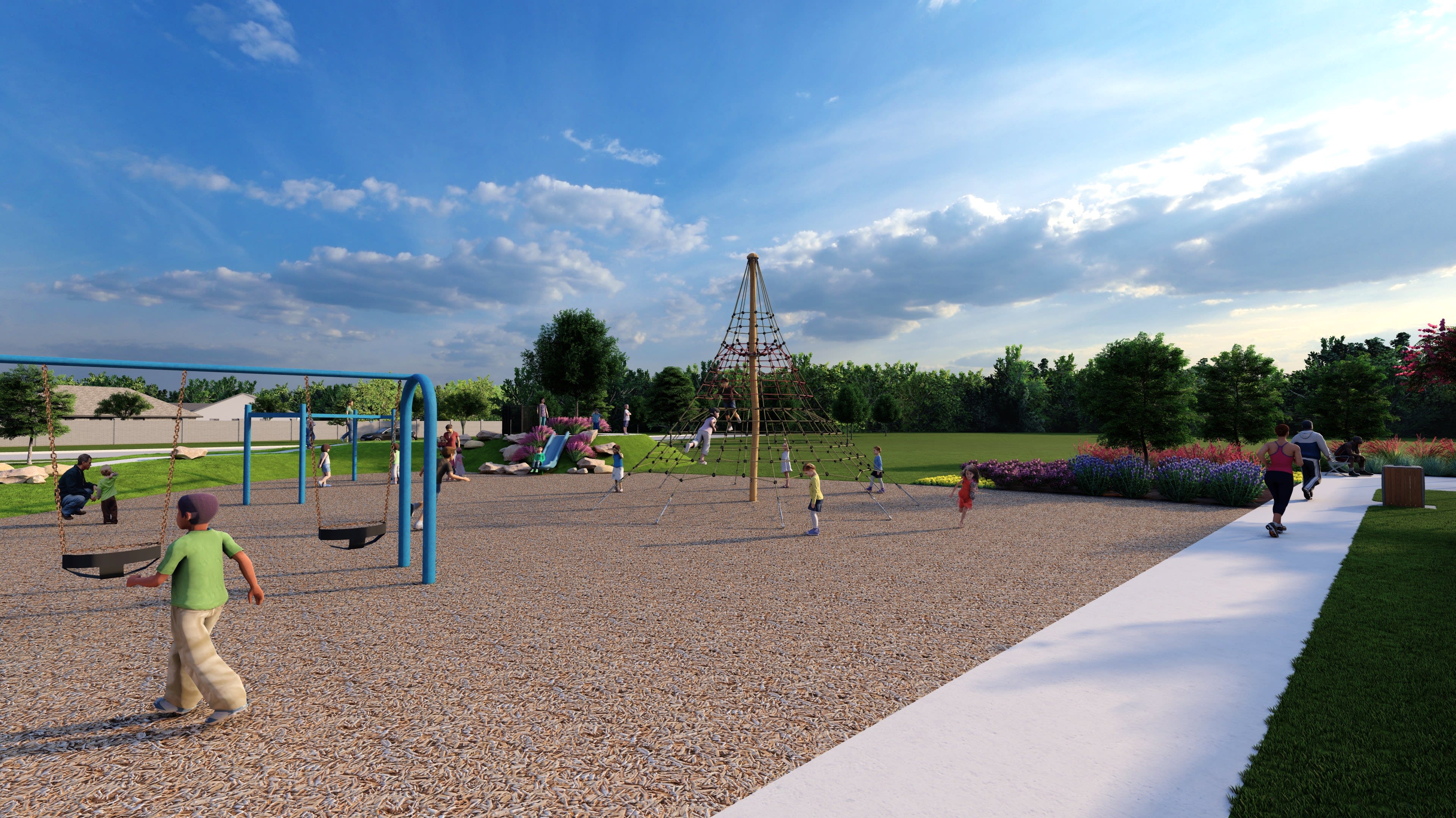 A public park with a playground, surrounded by trees and a cloudy blue sky, with a tall structure resembling the Eiffel Tower visible in the background.