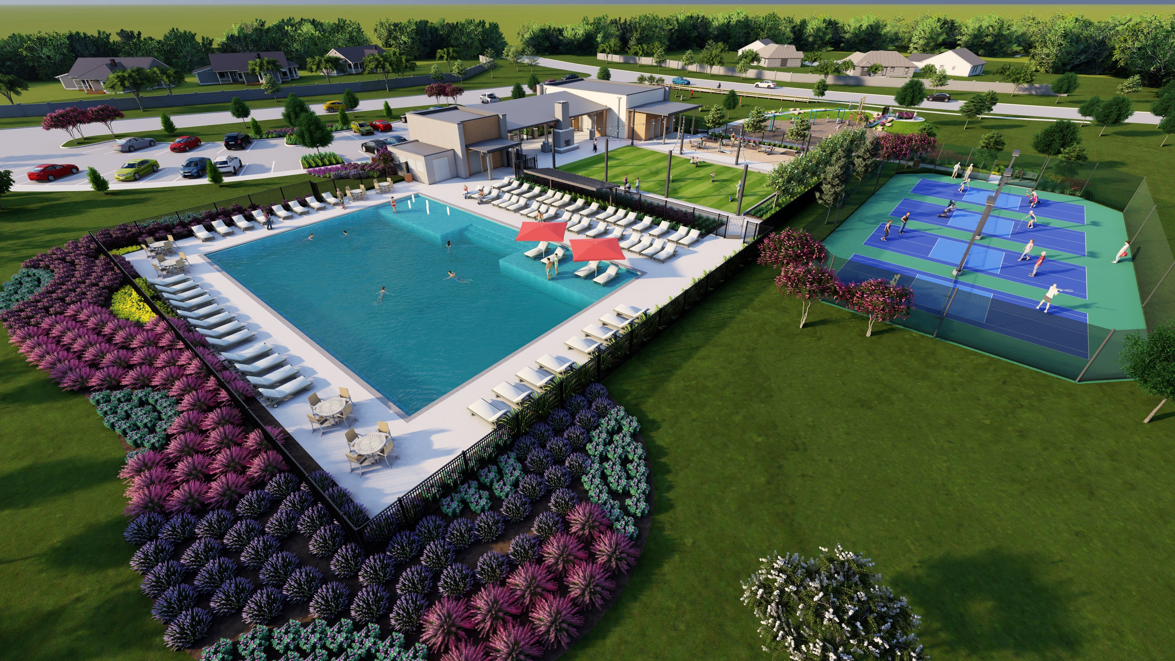 A lush, landscaped community with a swimming pool, tennis courts, and well-manicured gardens surrounded by residential homes nestled in a verdant setting.