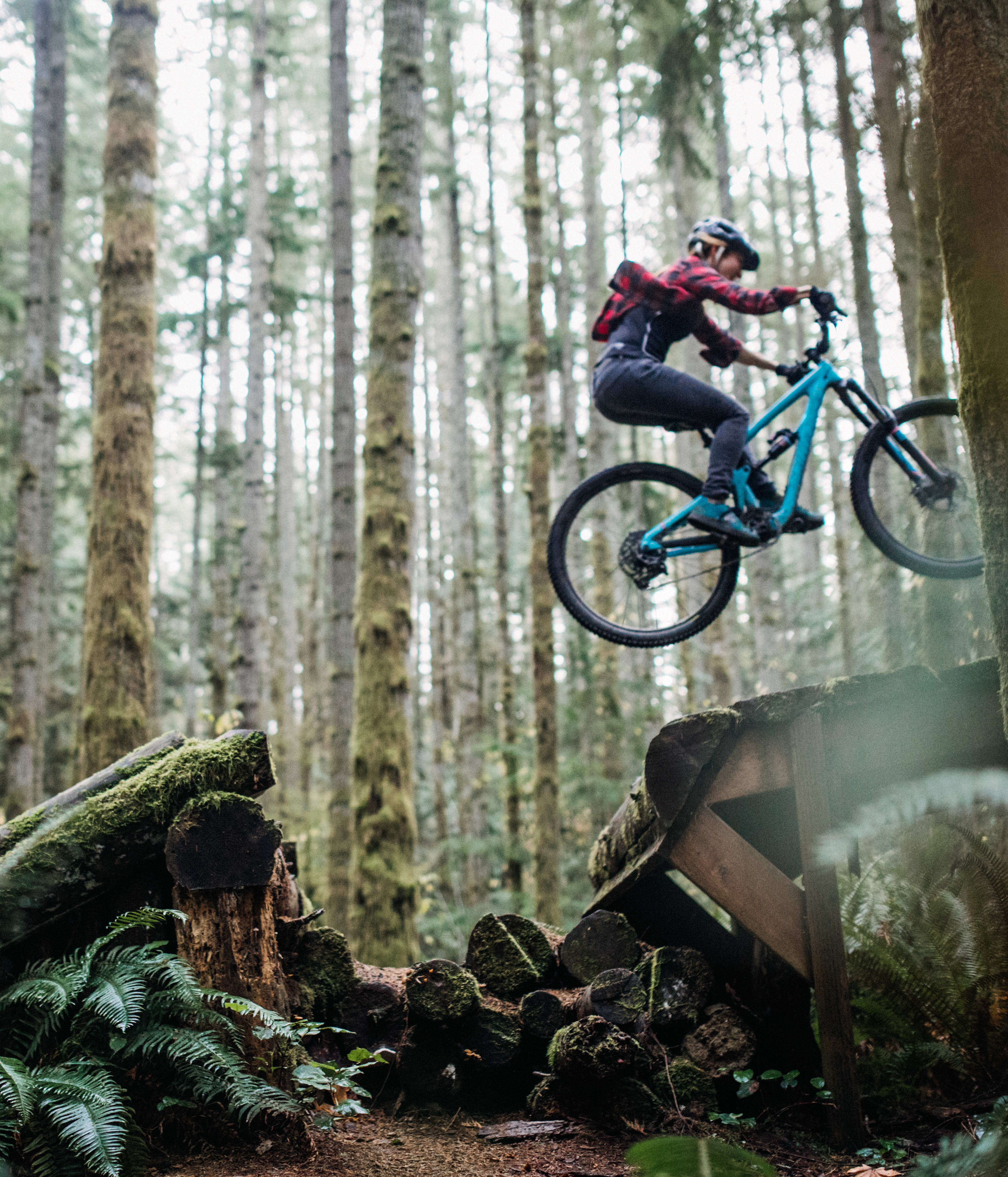 A person on a mountain bike is jumping over a fallen tree in a lush, forested environment.