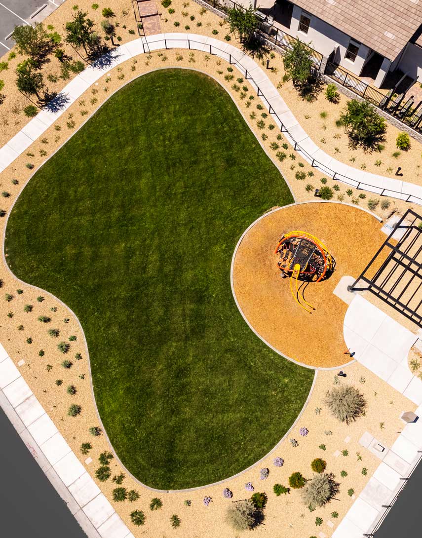 A well-designed outdoor space with a large grassy area, a circular paved path, and various landscaping elements such as trees and shrubs.