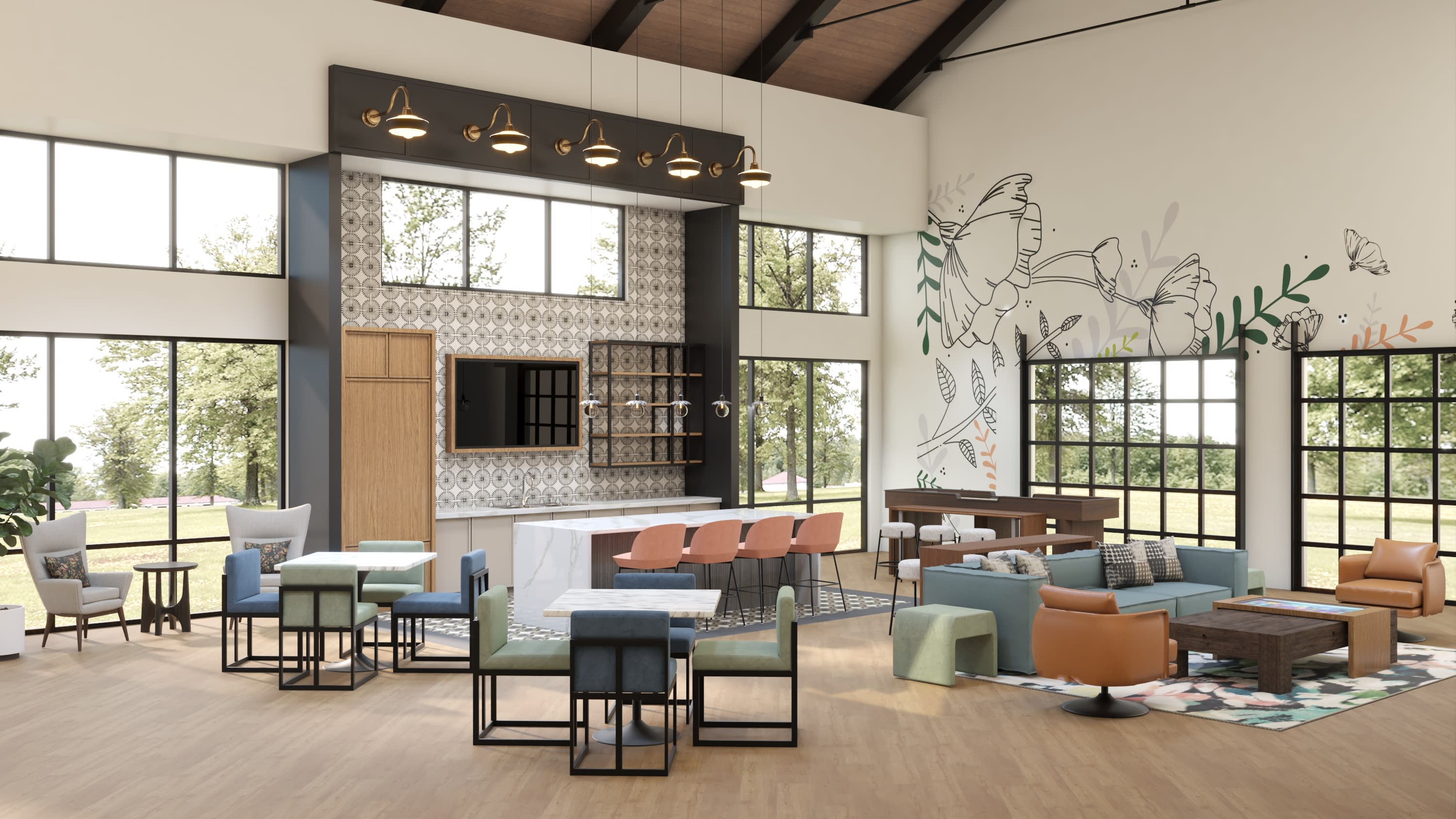 A modern and stylish lounge area with various seating options, including couches, chairs, and stools, set against a backdrop of large windows and a mural-adorned wall.