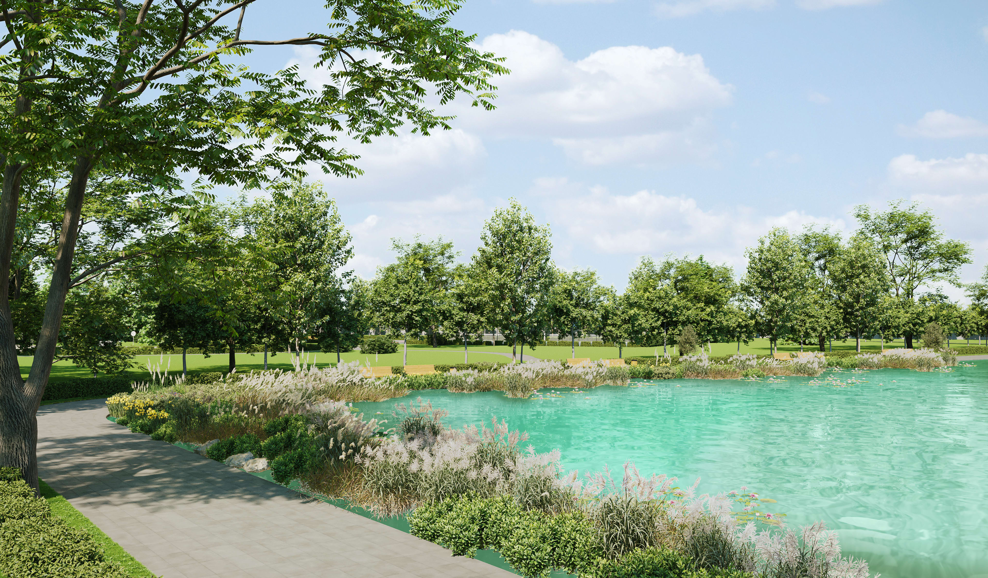 A serene park-like setting with a tranquil, turquoise-colored pond surrounded by lush greenery, including trees and vegetation along the water's edge, under a bright, cloudy sky.