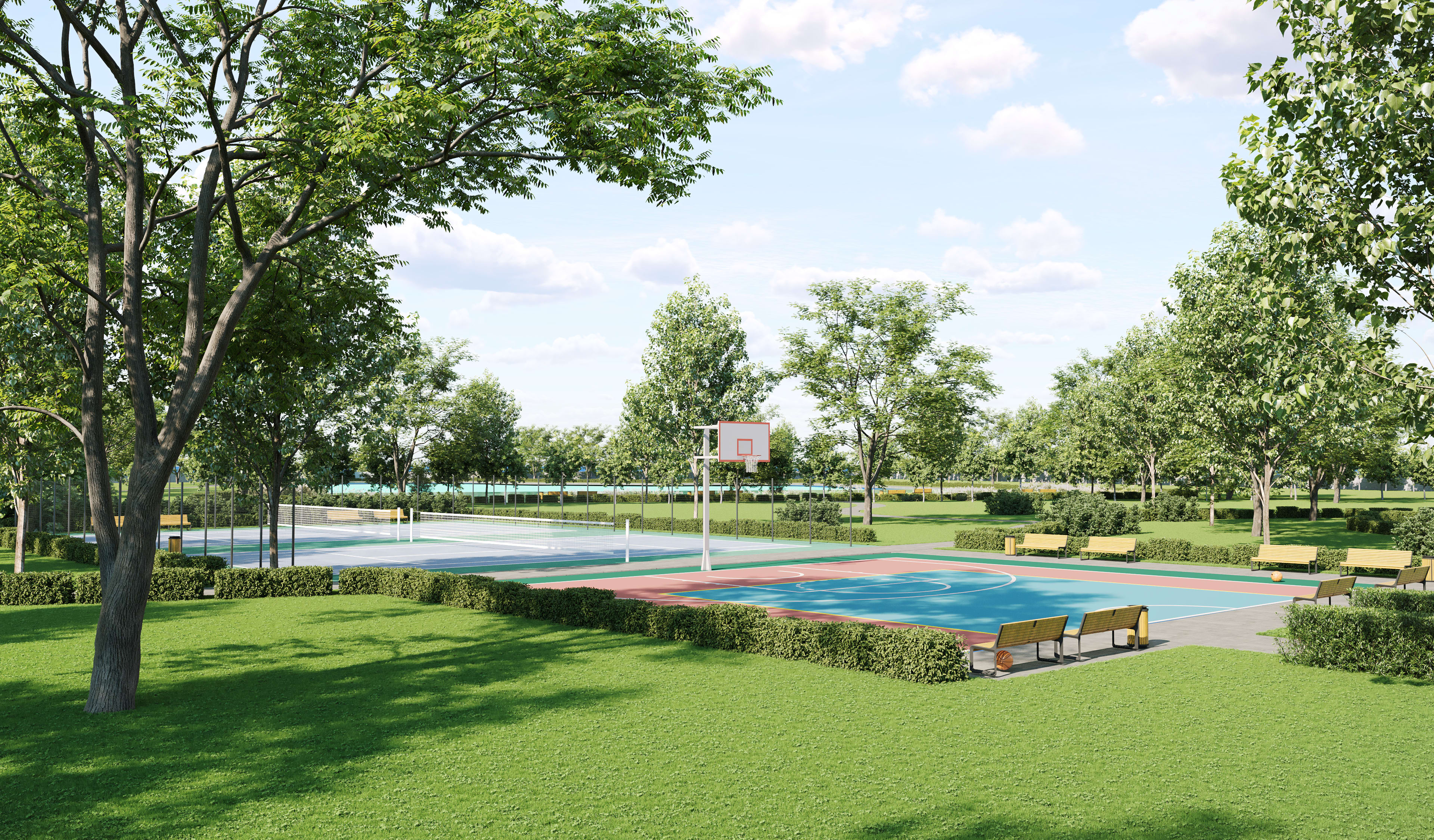 A lush, green outdoor area with a tennis court, swimming pool, and well-manicured landscaping surrounded by trees.