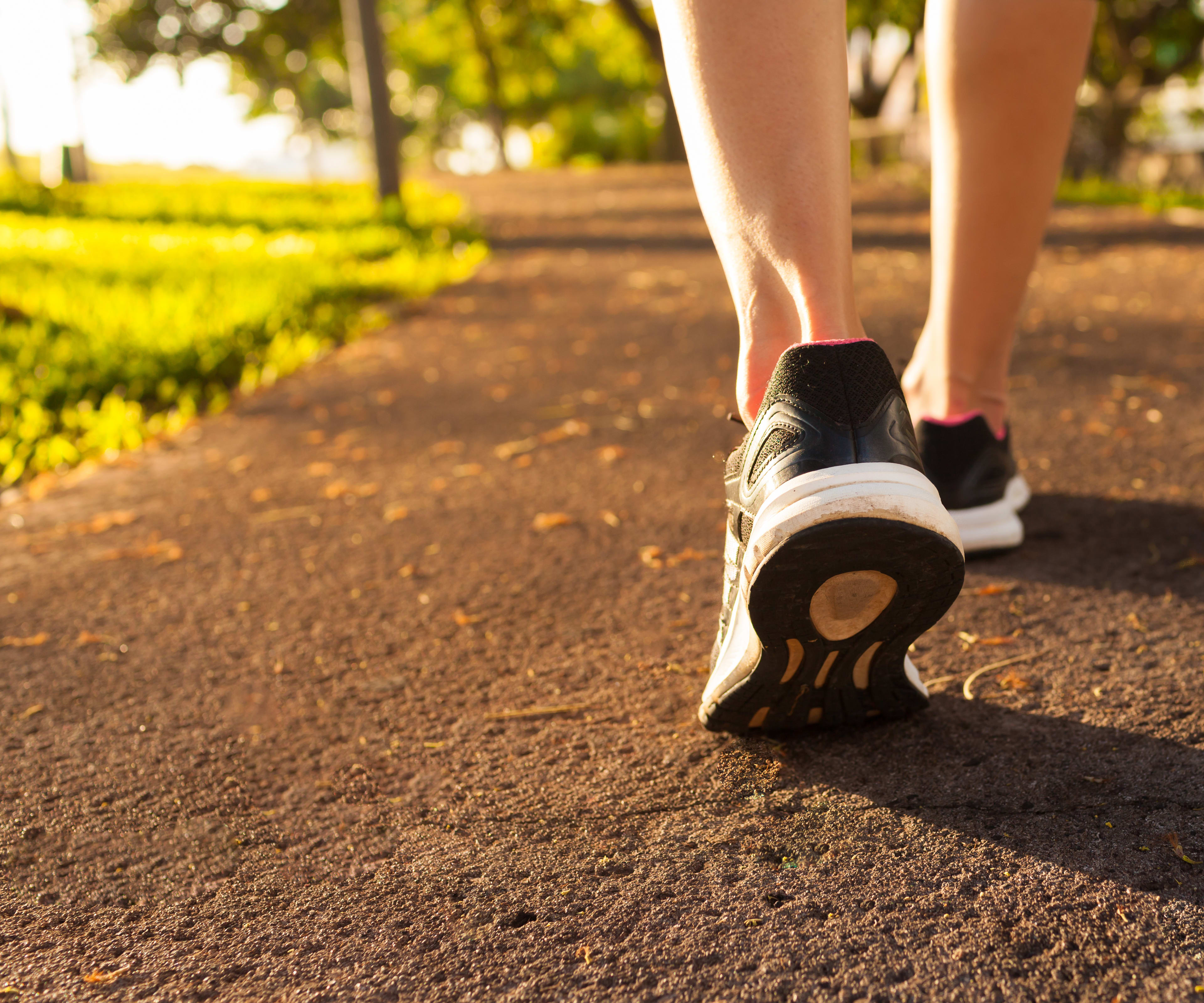 The image shows a person's legs and feet wearing athletic shoes walking on a dirt path surrounded by lush greenery and sunlight.