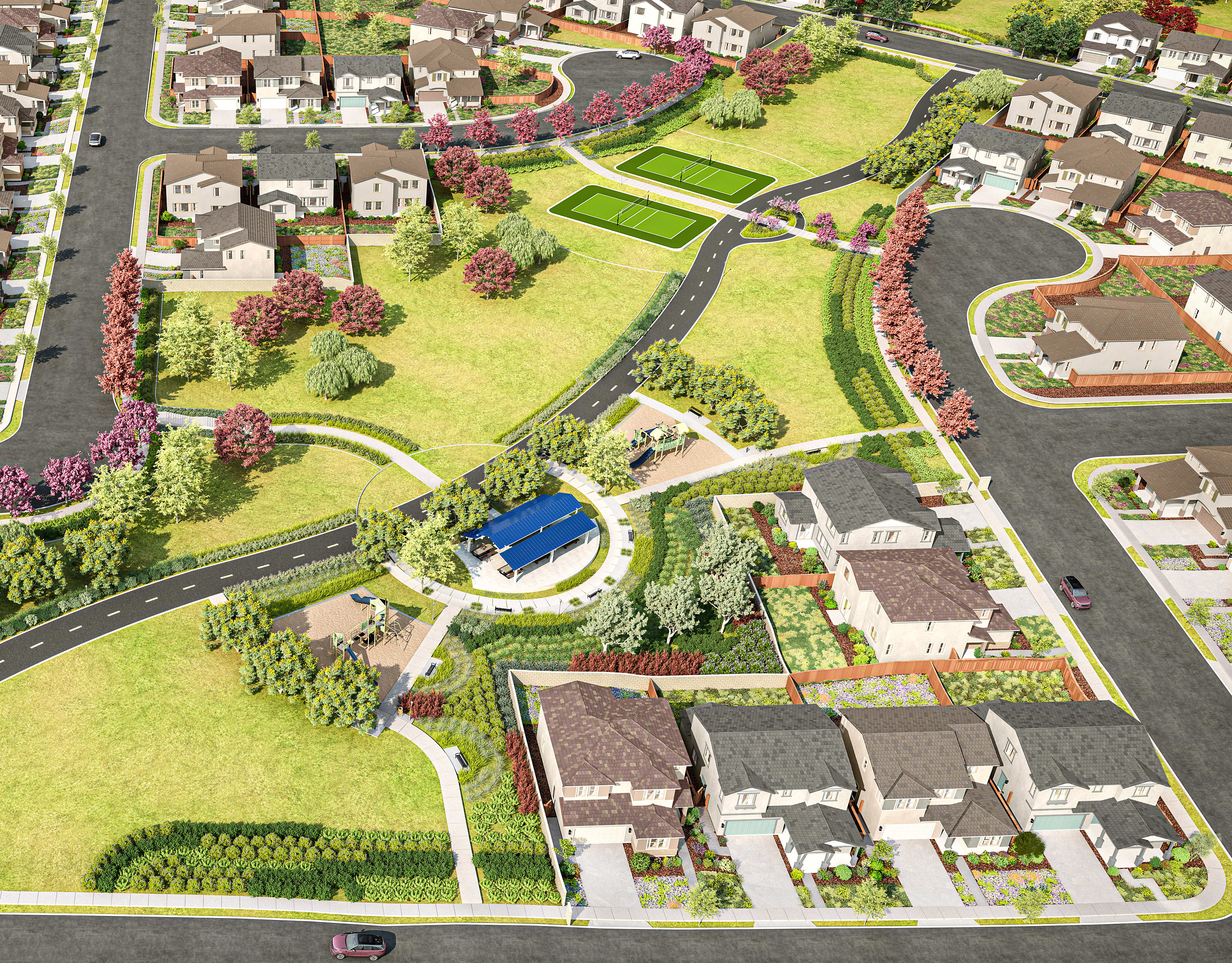 A residential neighborhood with neatly arranged houses, roads, and lush green spaces, including a swimming pool and landscaped gardens, all visible from an aerial perspective.