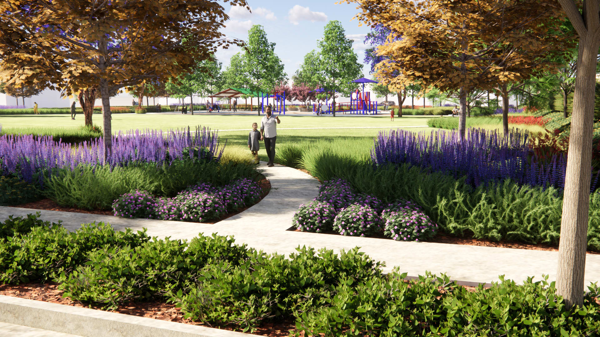 A well-manicured garden with a winding path, surrounded by lush greenery, vibrant purple flowers, and a person walking in the distance.