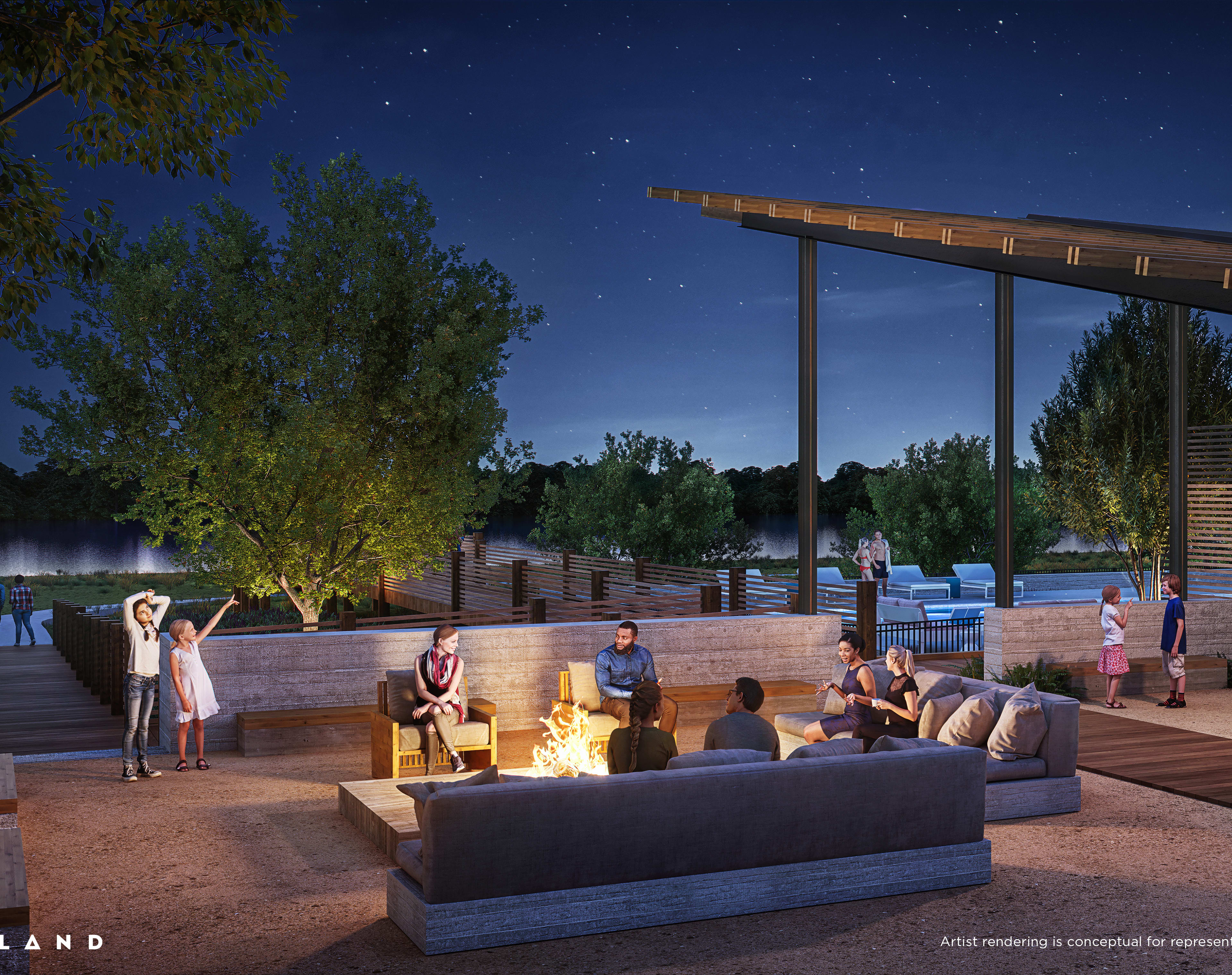 A cozy outdoor seating area with a fire pit surrounded by comfortable furniture, set against a backdrop of a starry night sky and lush greenery.