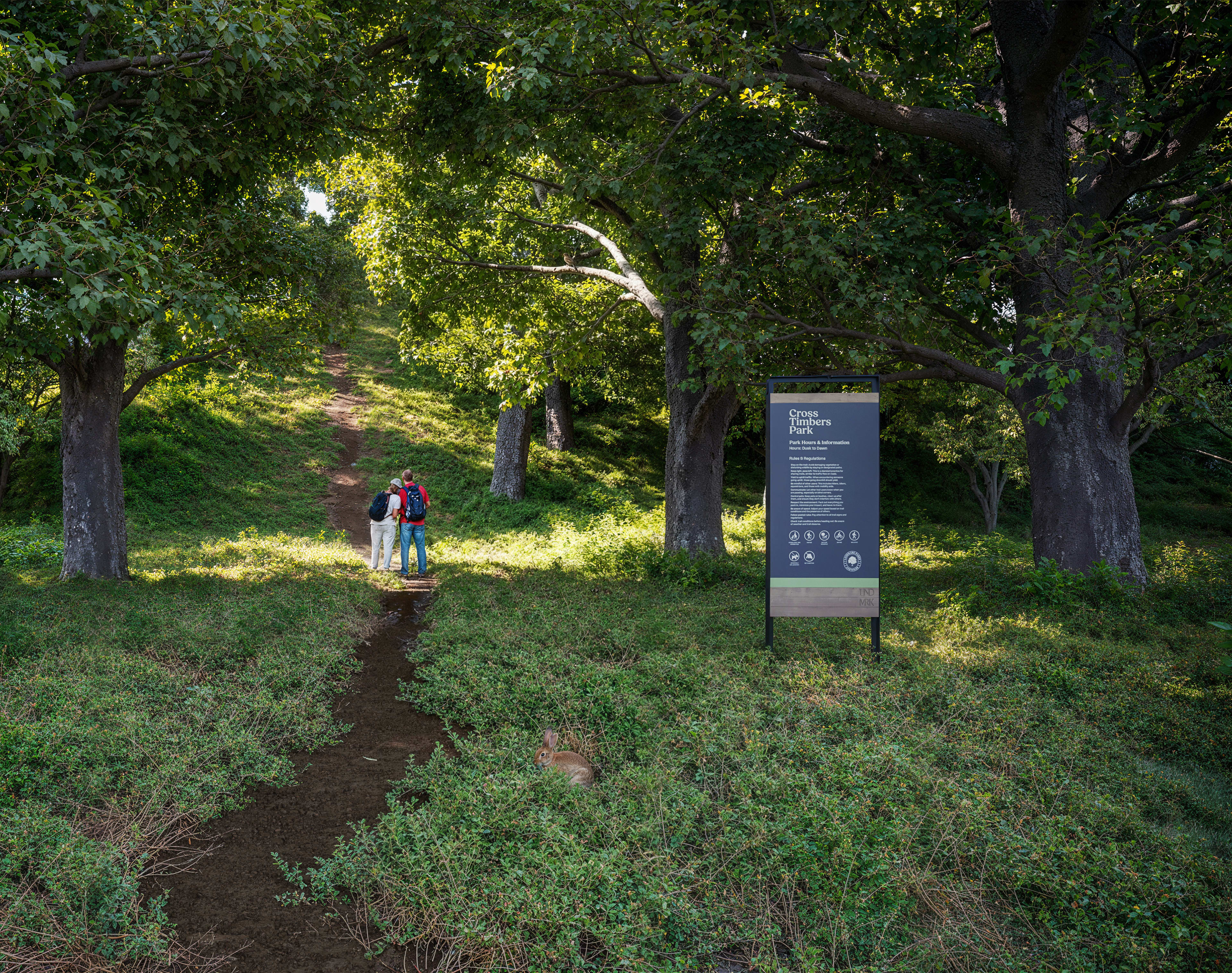 A dirt path winds through a lush, green forest, with tall trees providing a canopy of shade. In the foreground, a person can be seen walking along the trail.
