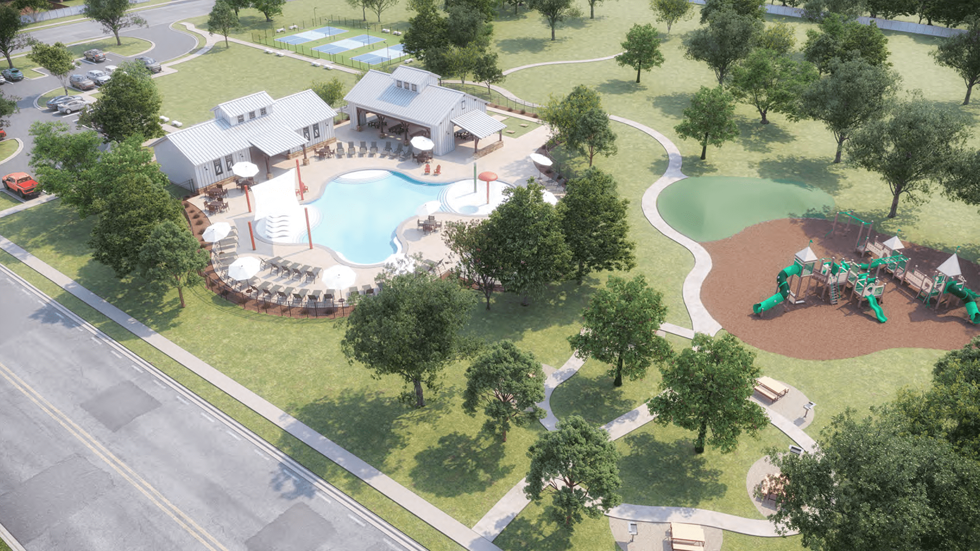 An aerial view of a residential property with a large swimming pool, surrounded by lush greenery and a playground area.