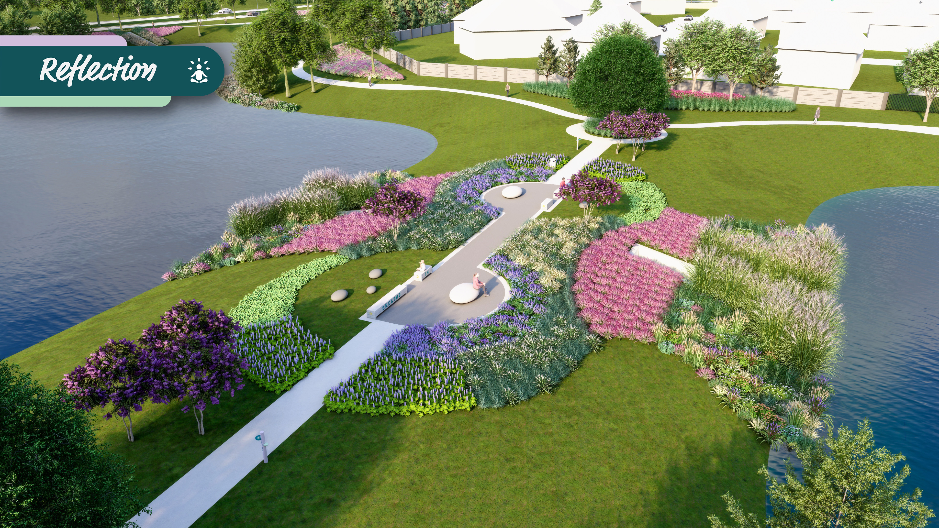 A lush, meticulously landscaped garden surrounds a tranquil pond, with a winding path leading through vibrant flower beds and neatly trimmed shrubs, all set against a backdrop of verdant trees and a building in the distance.