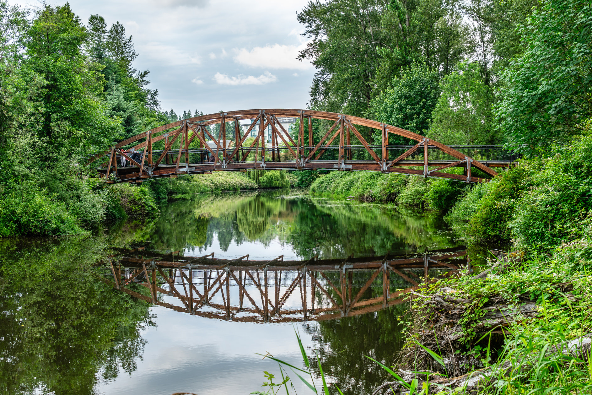 A rustic, red-colored metal bridge spans a tranquil river, surrounded by lush, verdant trees and foliage, creating a serene and picturesque landscape.