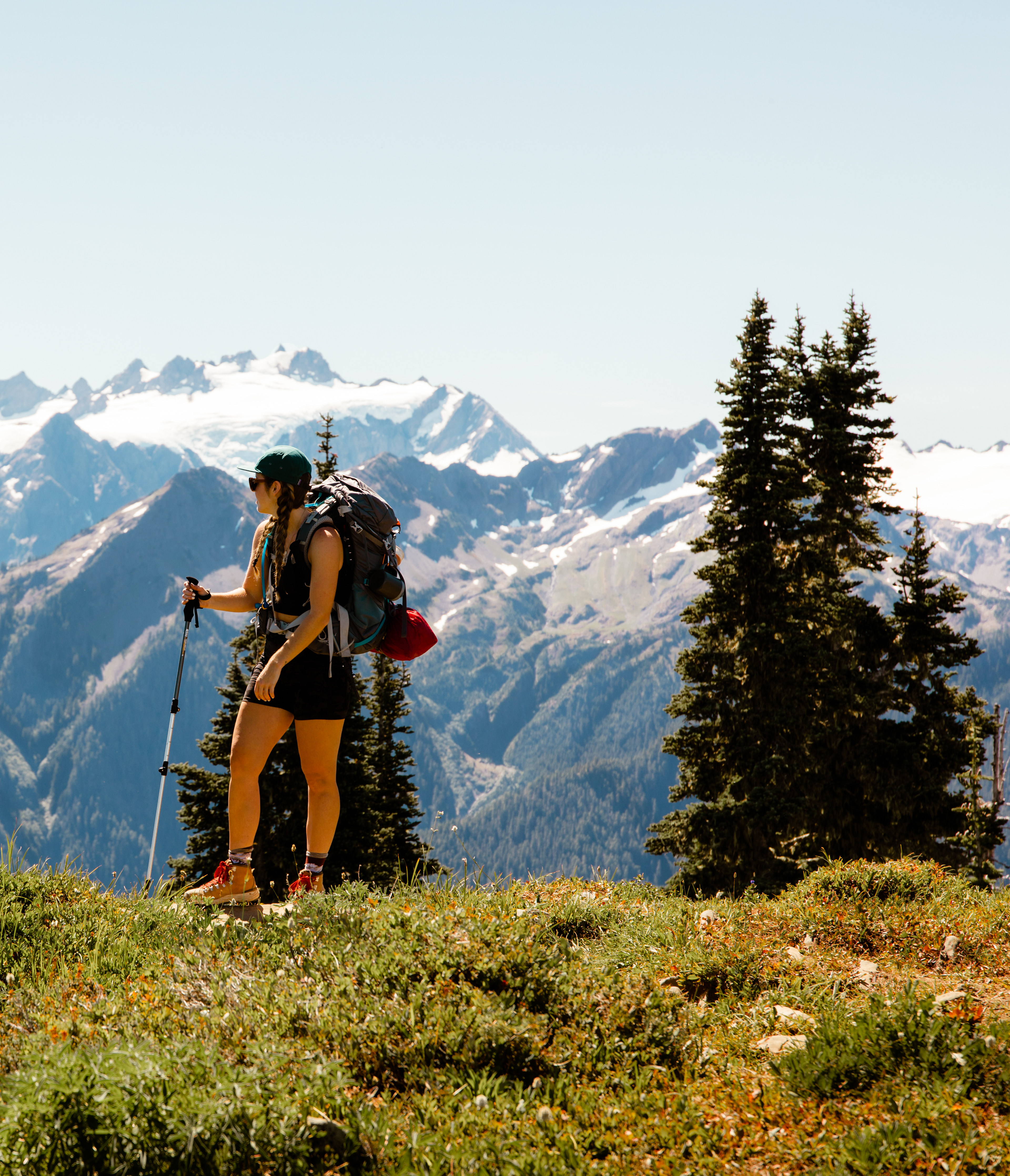 A person in hiking gear stands on a grassy hill, gazing out at the majestic snow-capped mountains in the distance, surrounded by a lush, forested landscape.