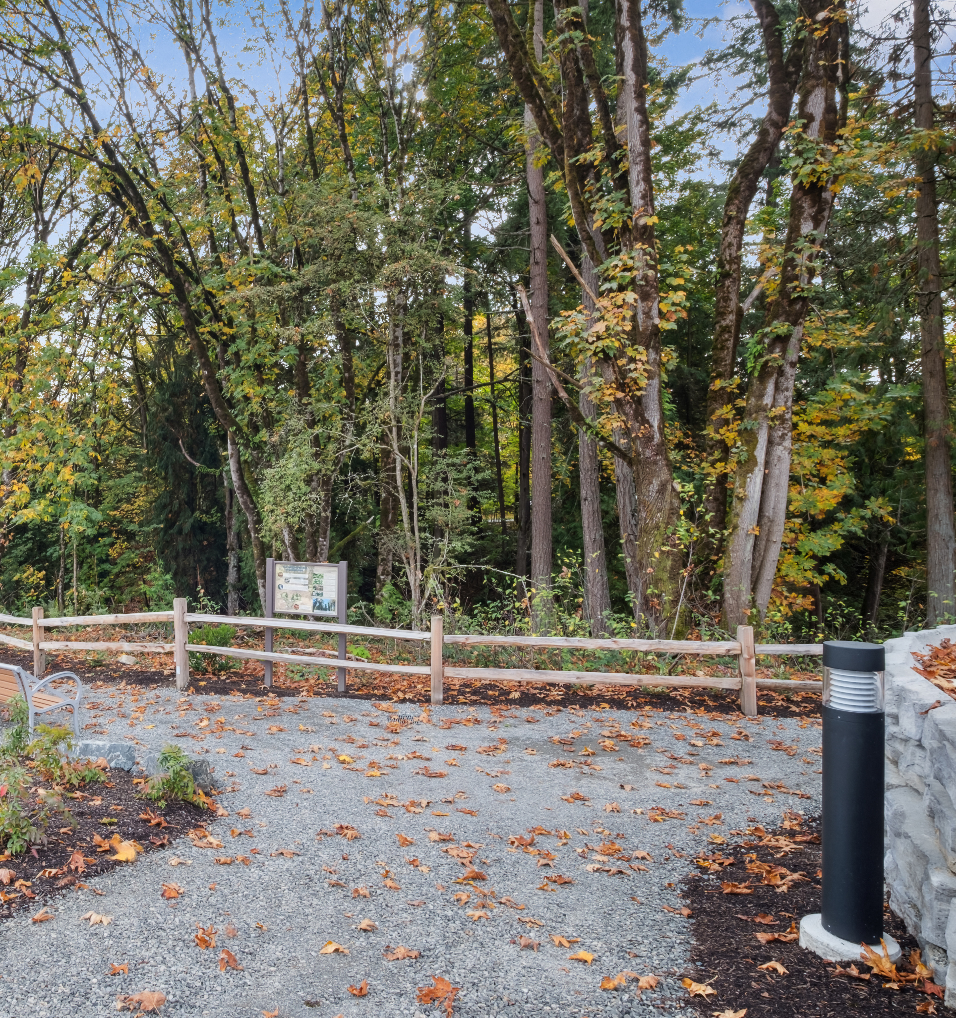 A paved walkway winds through a lush, wooded area with vibrant autumn foliage, surrounded by a wooden fence and bordered by fallen leaves on the ground.