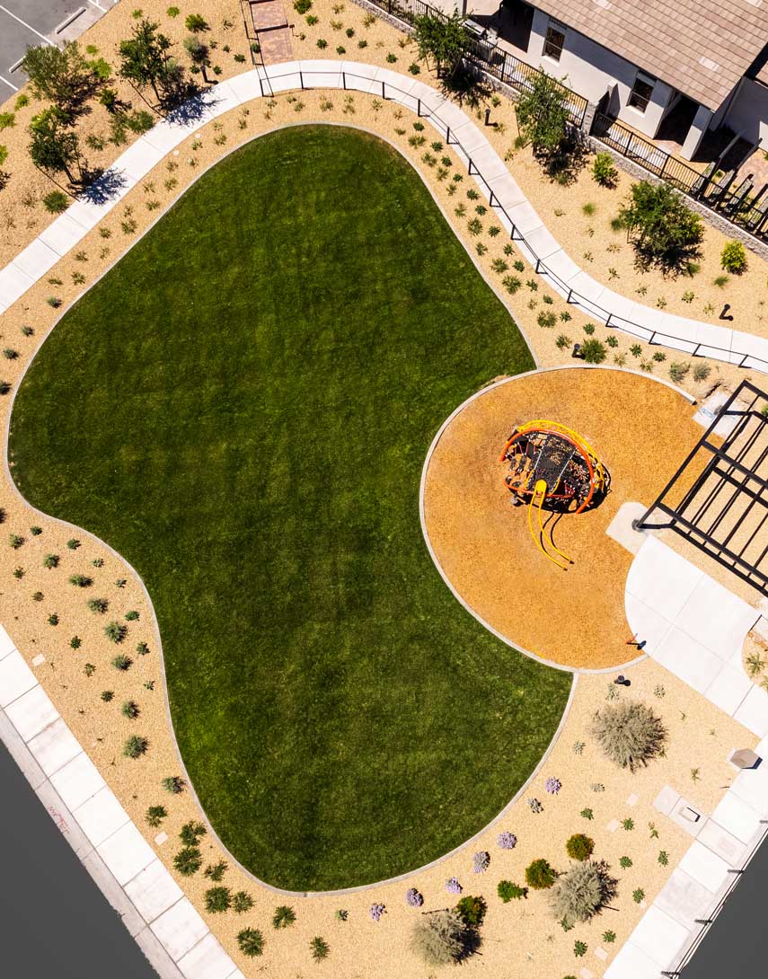 A well-designed outdoor space with a large grassy area, a circular paved path, and various landscaping elements such as trees and shrubs.