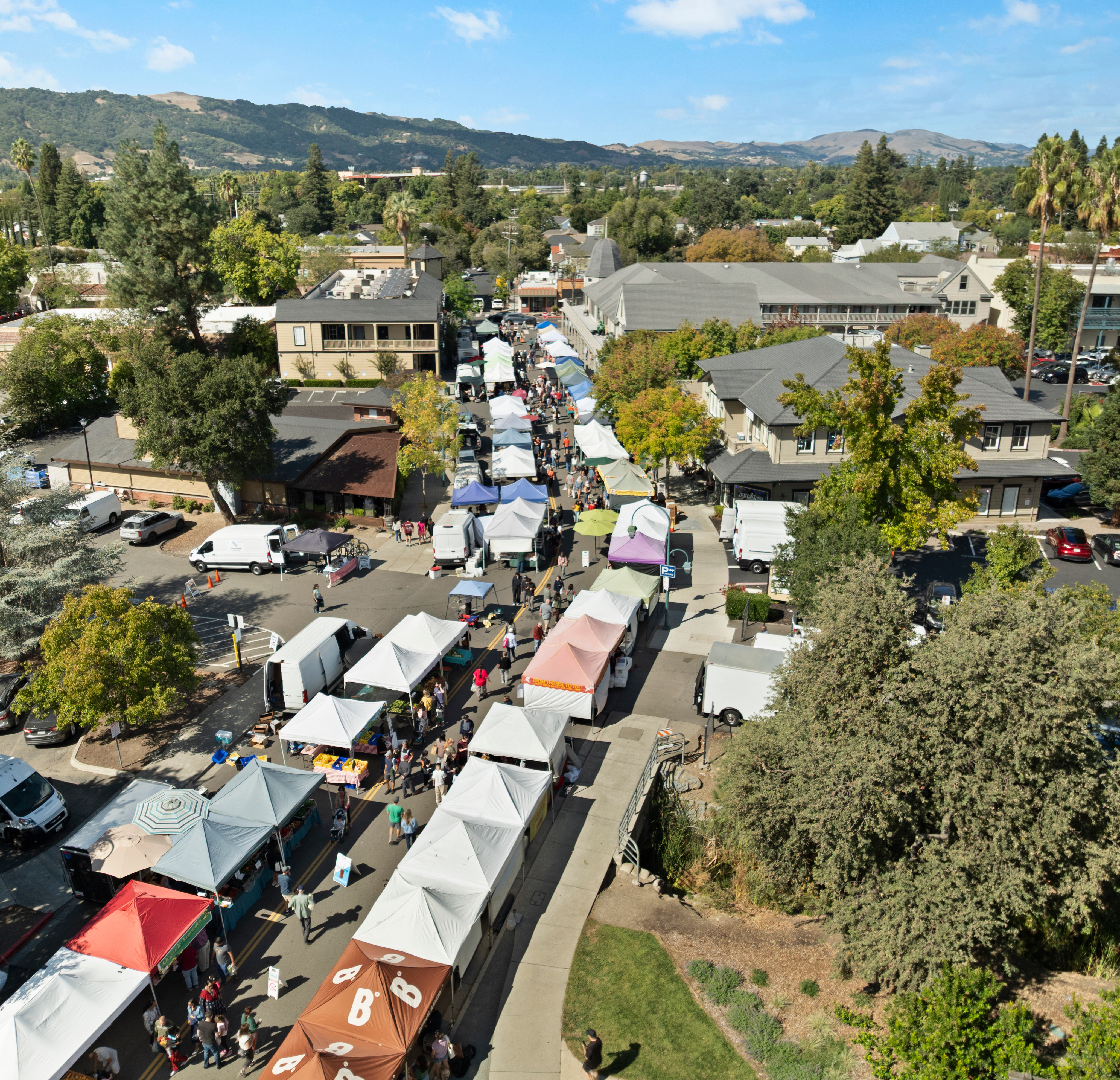 A bustling outdoor market with numerous tents and stalls, surrounded by a hilly, tree-lined landscape in the background.