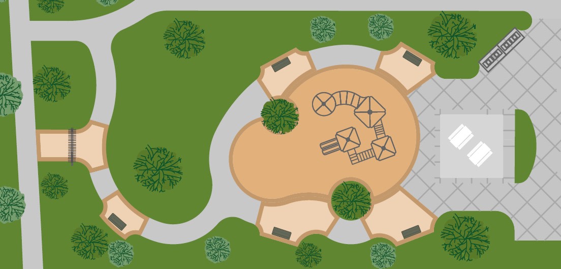 A whimsical illustration depicting a large, round, beige structure surrounded by lush green vegetation and trees, with various architectural elements and symbols adorning its surface.