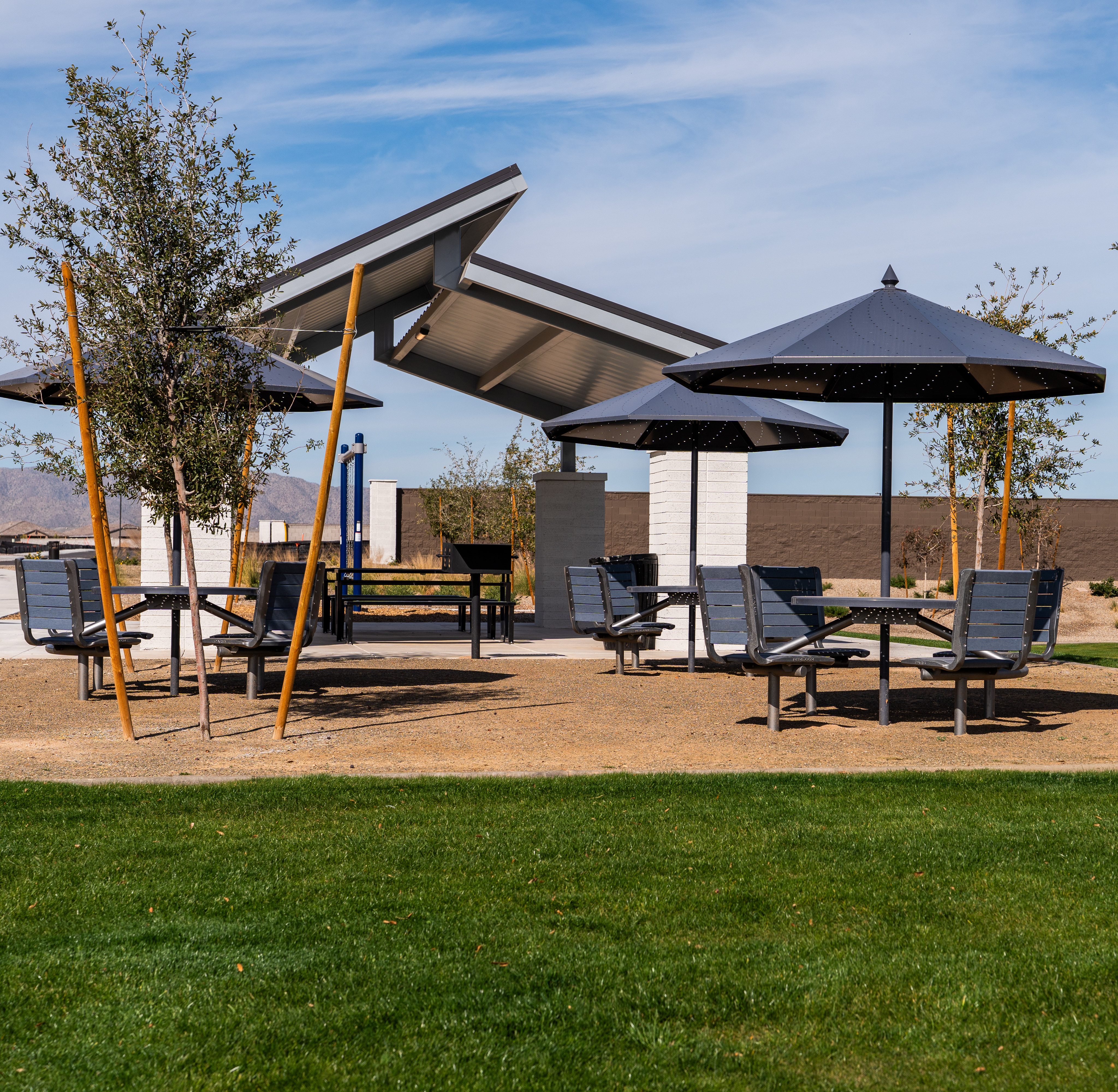 The image shows a patio area with several umbrellas and chairs set up on a grassy lawn, surrounded by trees and buildings in the background.