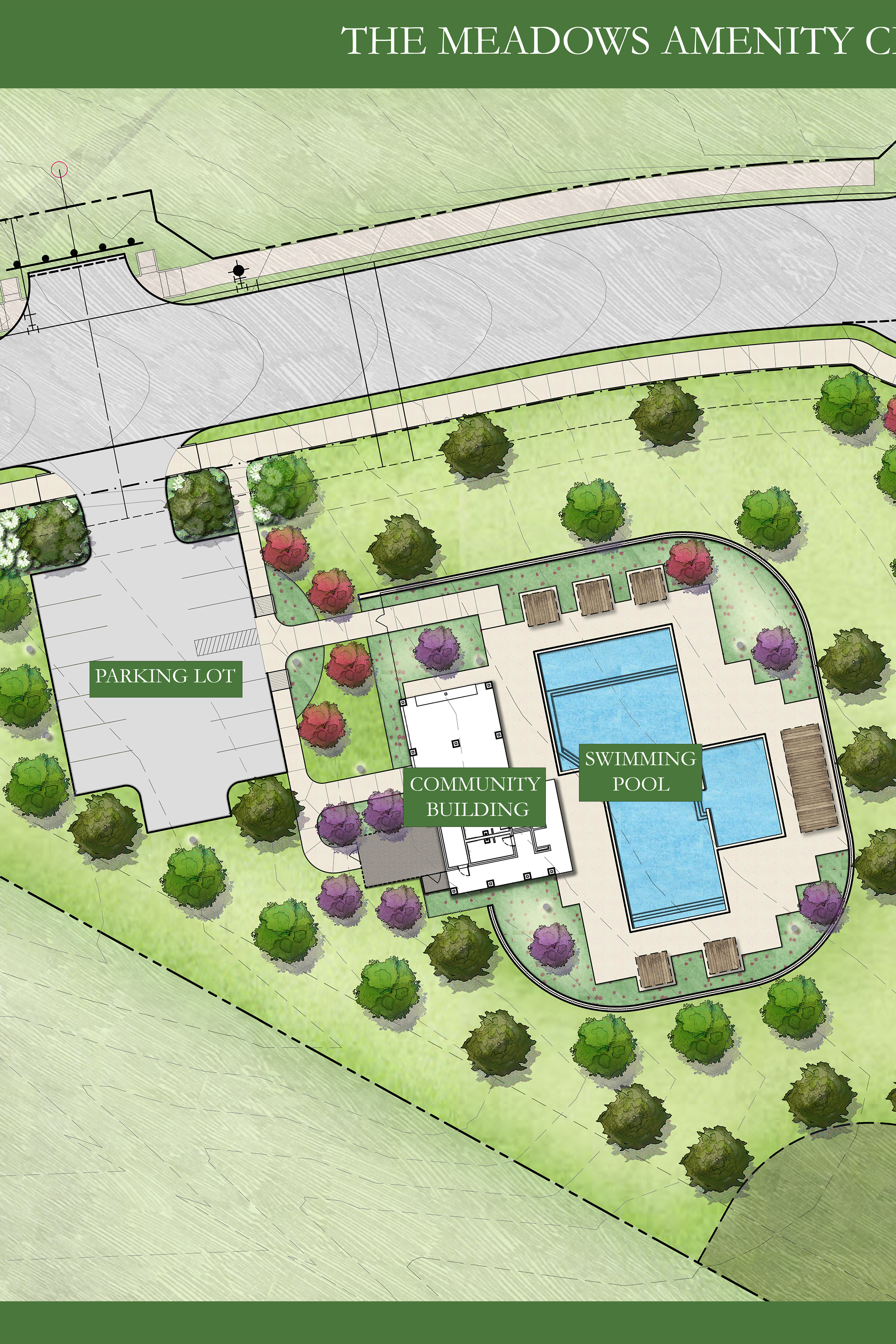 A bird's-eye view of "The Meadows Amenity Center" displays a community building, swimming pool, and parking lot in the foreground, surrounded by a playground, open playfield, and natural area in the background.