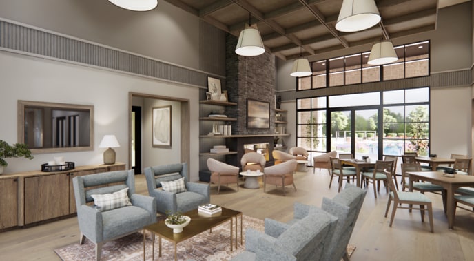 A cozy and inviting living space with a mix of modern and rustic elements, featuring comfortable seating, a dining area, and large windows that allow natural light to flood the room.