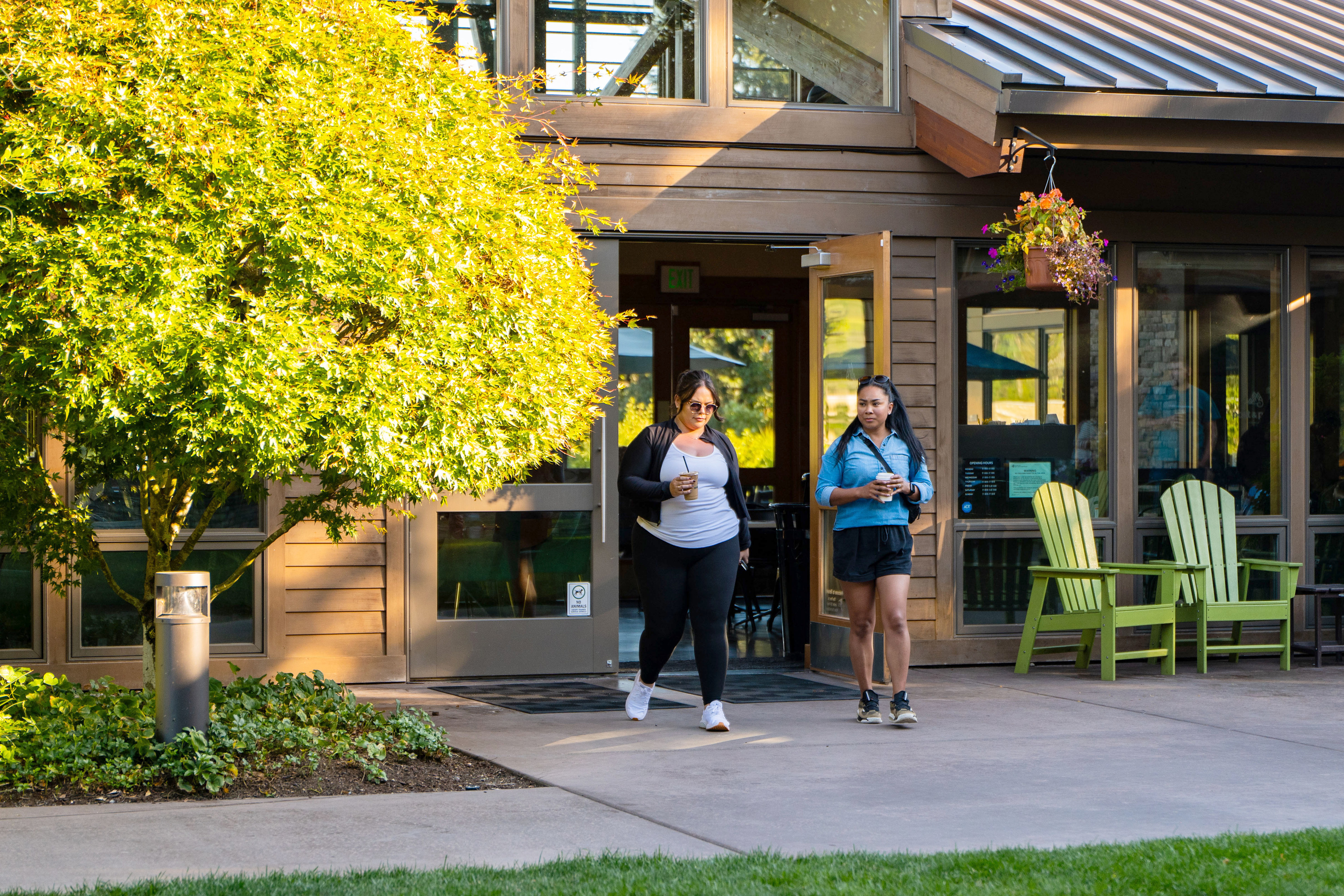 Two people, a woman and a man, are walking out of a building with a wooden exterior and green chairs in the foreground. The background features a lush, yellow-leafed tree and a grassy area.