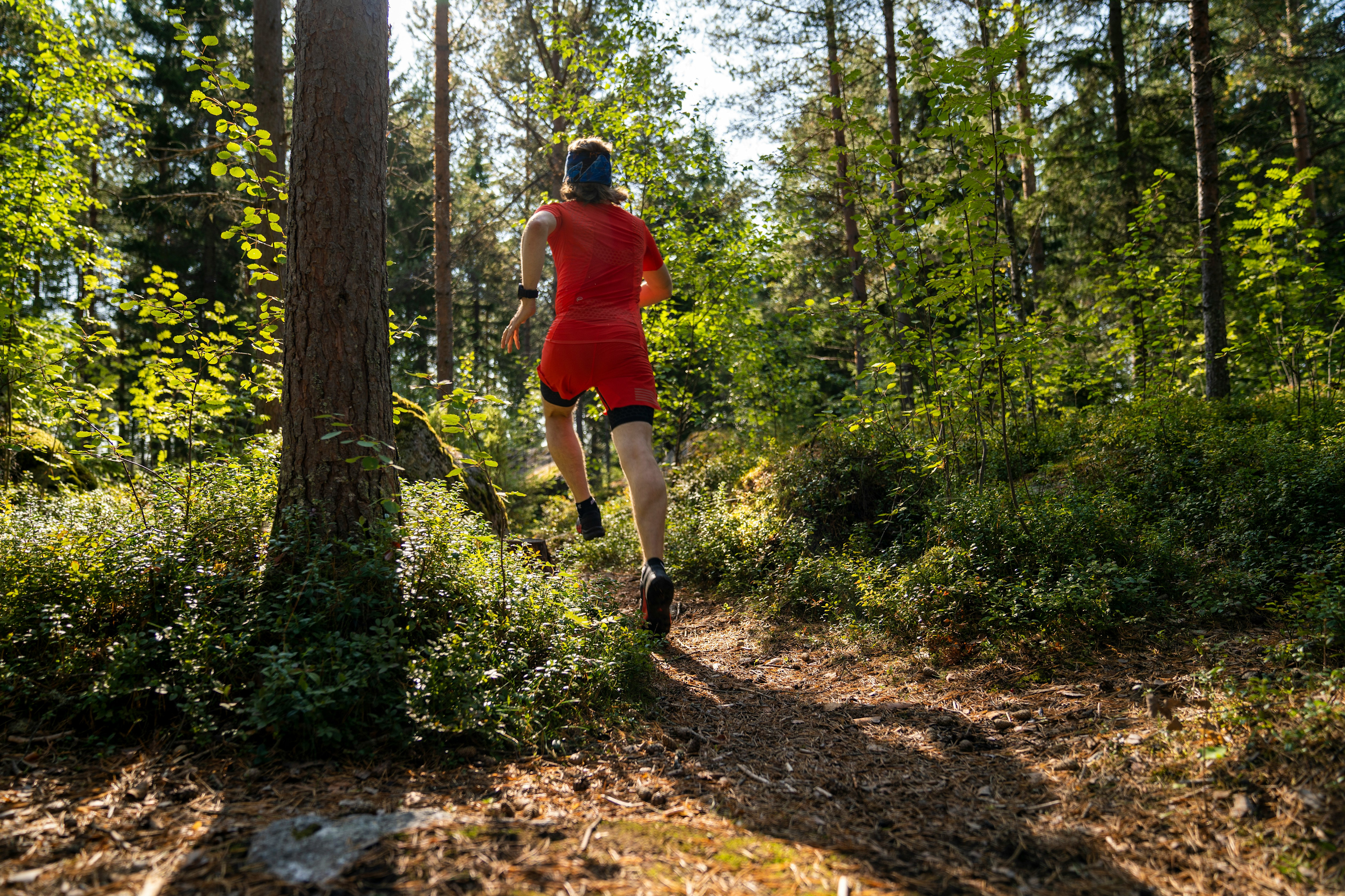 A person in a bright red outfit is walking along a dirt path through a lush, forested area with sunlight filtering through the trees.