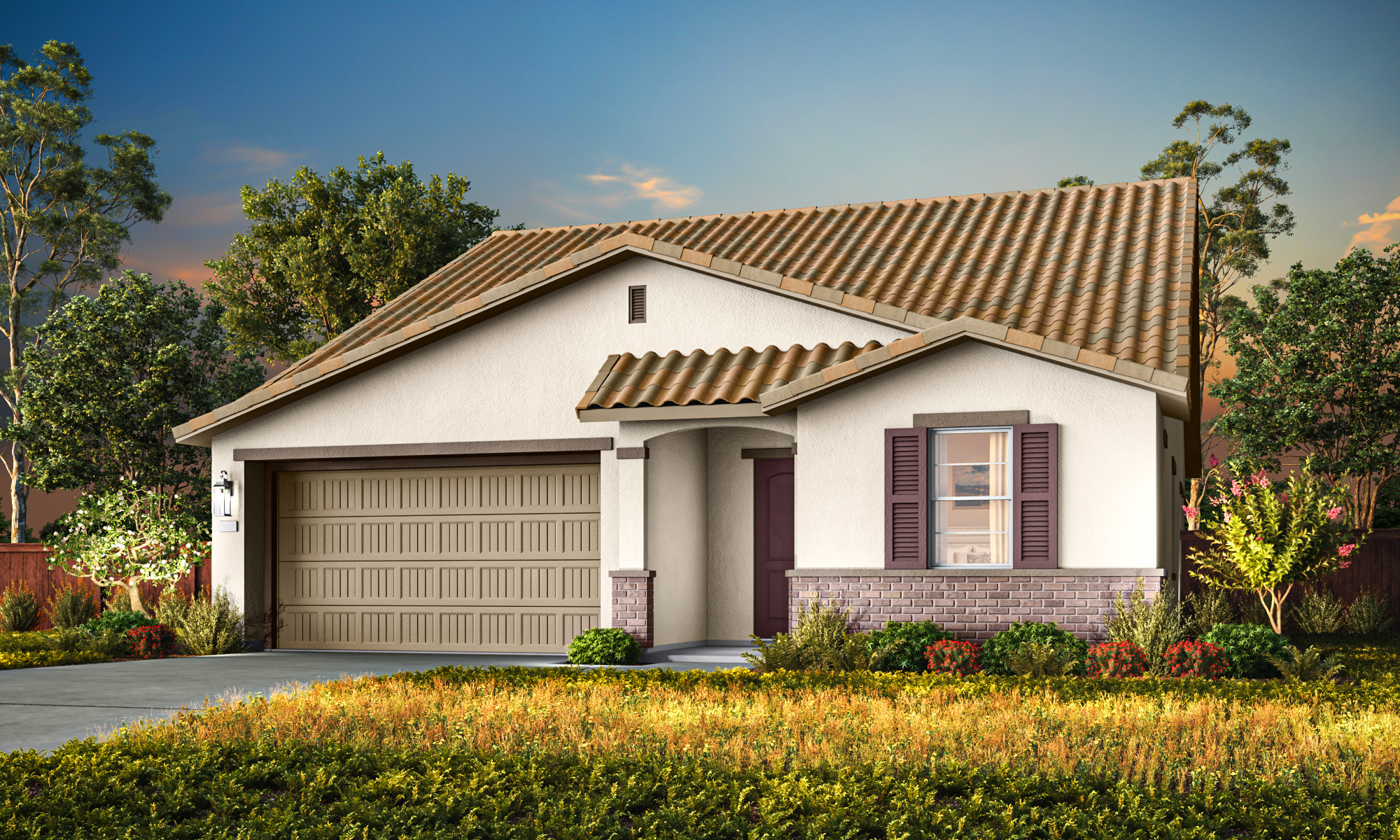A single-story house with a tiled roof sits in a well-landscaped yard, surrounded by lush greenery and a clear blue sky in the background.