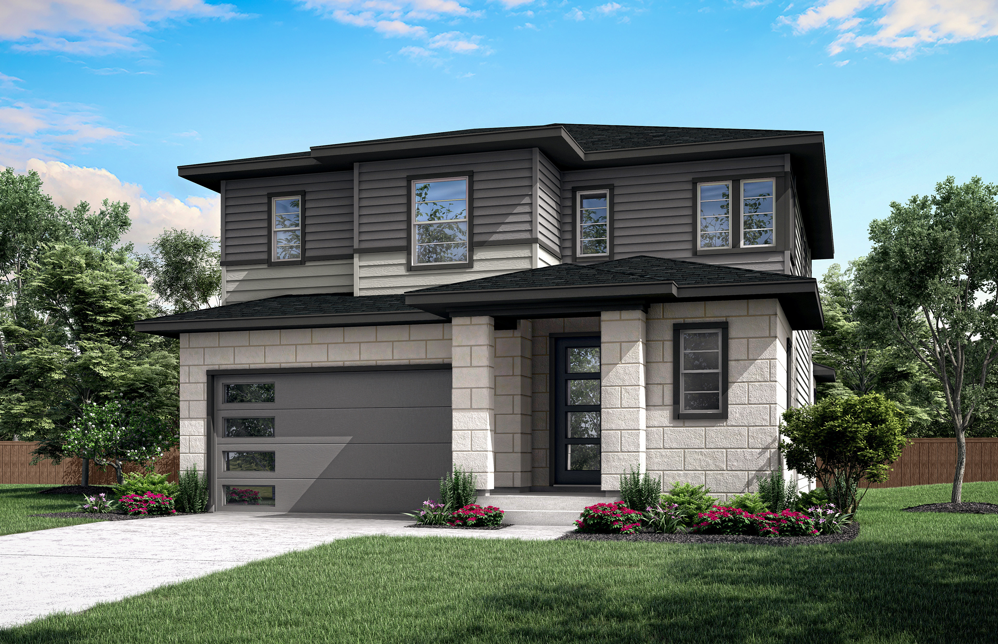 A two-story modern house with a gray exterior, a garage door, and a well-manicured lawn with flower beds in the foreground, surrounded by trees and a blue sky with clouds in the background.